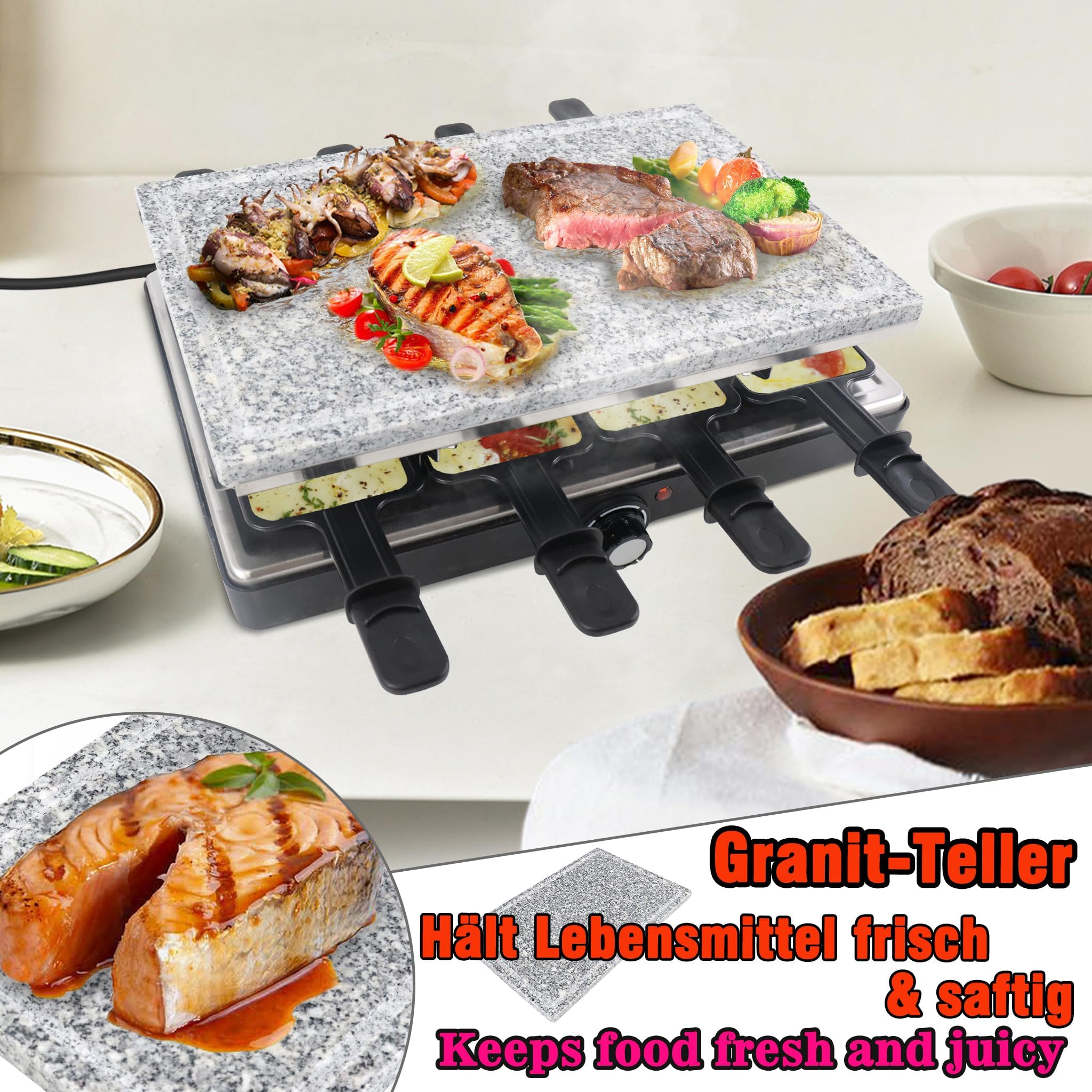 ACXIN Grill raclette dla 8 osób, z naturalnym kamieniem do grillowania i powłoką zapobiegającą przywieraniu, 8 patelni i drewniana szpatułka, maks. 1400 W, elektryczna patelnia grillowa, do użytku