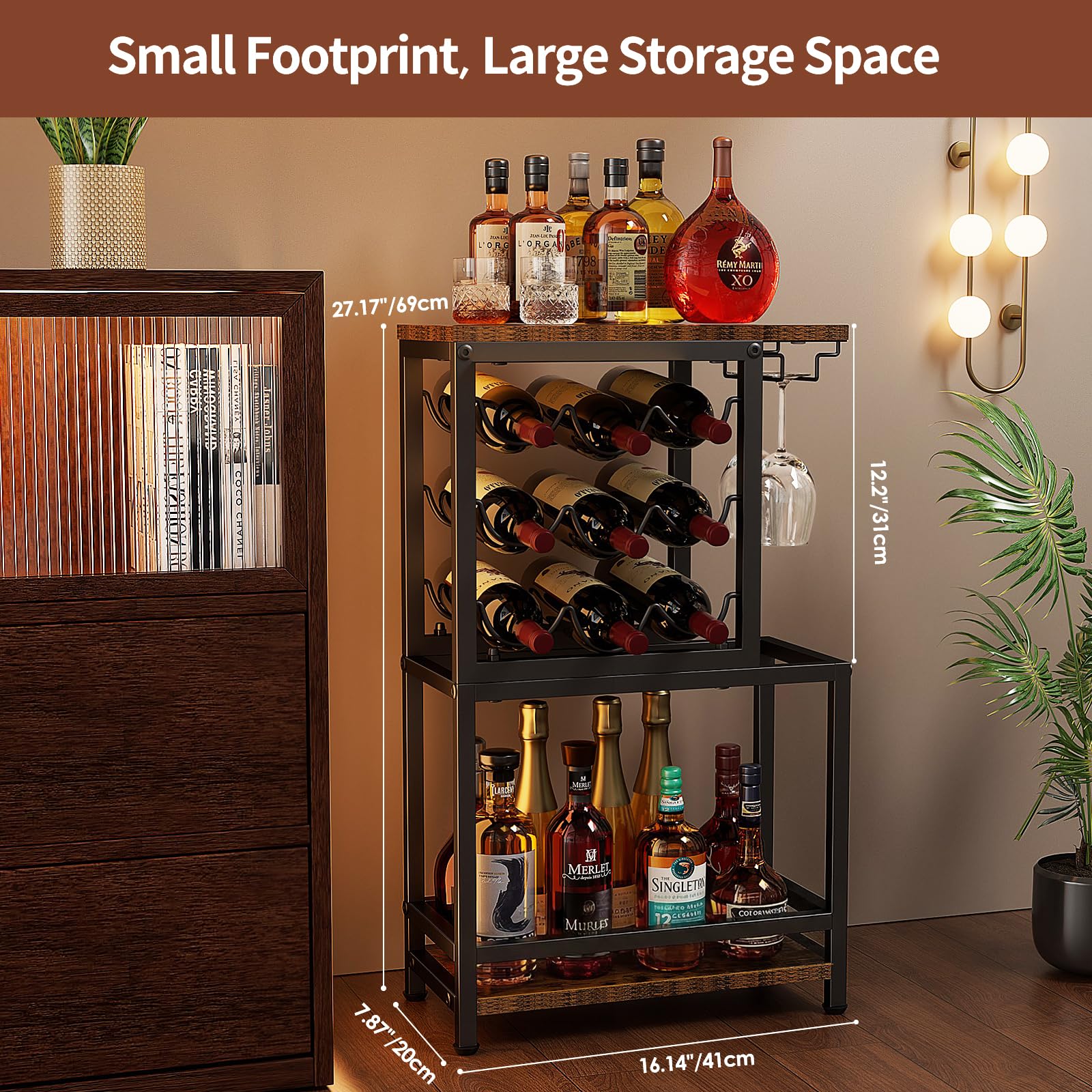 Nuovoware Botellero de Vino Pie, Botellero Vino 3 Niveles con Soporte para Copas, Versátil Soporte Licor para Bar en Casa, Mini Mesa Bar Esquina, Licor, Whisky, Marrón+Negro