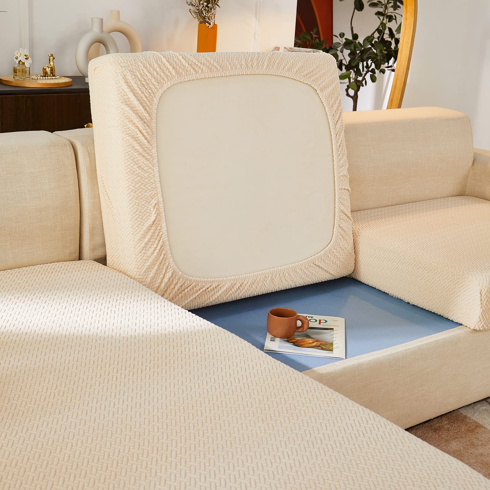 Funda de cojín de sofá jacquard beige de 2 plazas elástica con base antideslizante