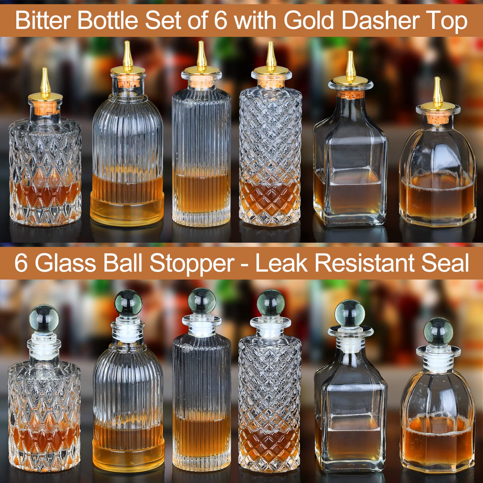 Bitters Bottle Set of 6 Glass Bitters Bottle,with Zinc Alloy Dash Top