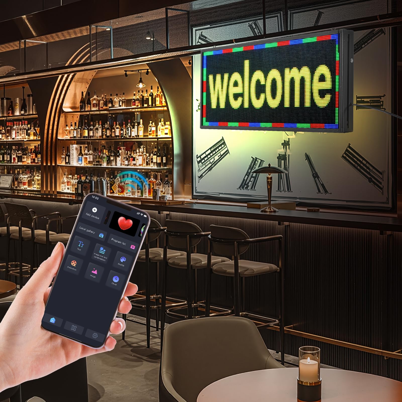 VEVOR Letrero LED Programable 67 x 35 cm Panel Digital Flexible Desplazable a Todo Color Tablero de Visualización con Patrón de Texto Personalizado Control de Aplicación Bluetooth para Publicidad