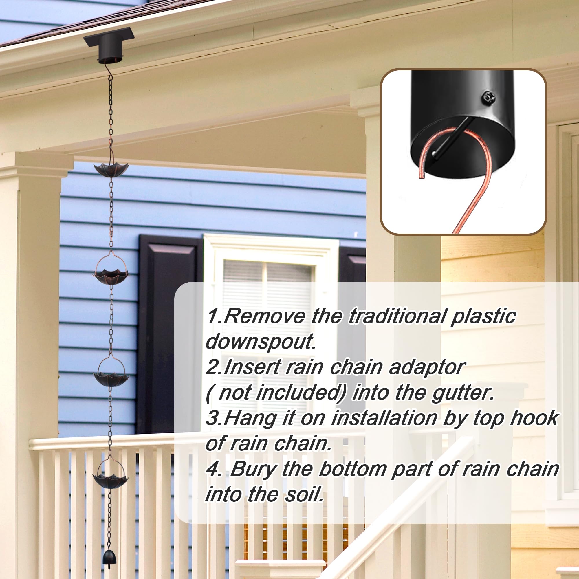 Alyoen Chaînes de pluie réglables pour gouttières, chaînes de pluie extérieures de 12,5 pieds avec 12 tasses, chaîne attrape-pluie en forme de parapluie avec cloche pour le drainage des eaves