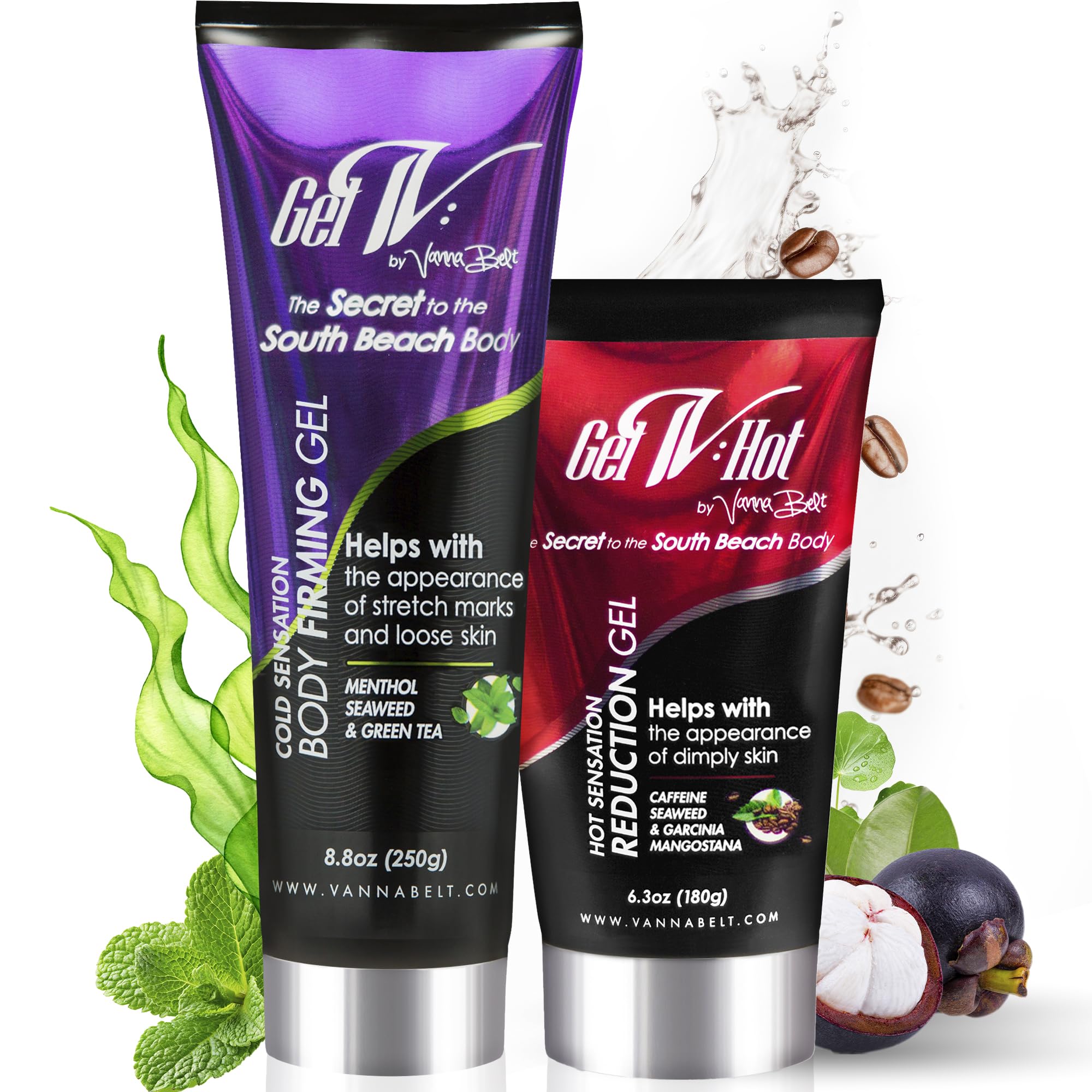 Vanna Belt Gel-V Body Firming Gel 8.8 oz & Gel-V Hot Hot Cream for Cellulite 6.3 oz, Skin Care Products for Women, Daytime & Nighttime Toning for Women, Premium Slimming Gel for Flat Tummy and Thighs