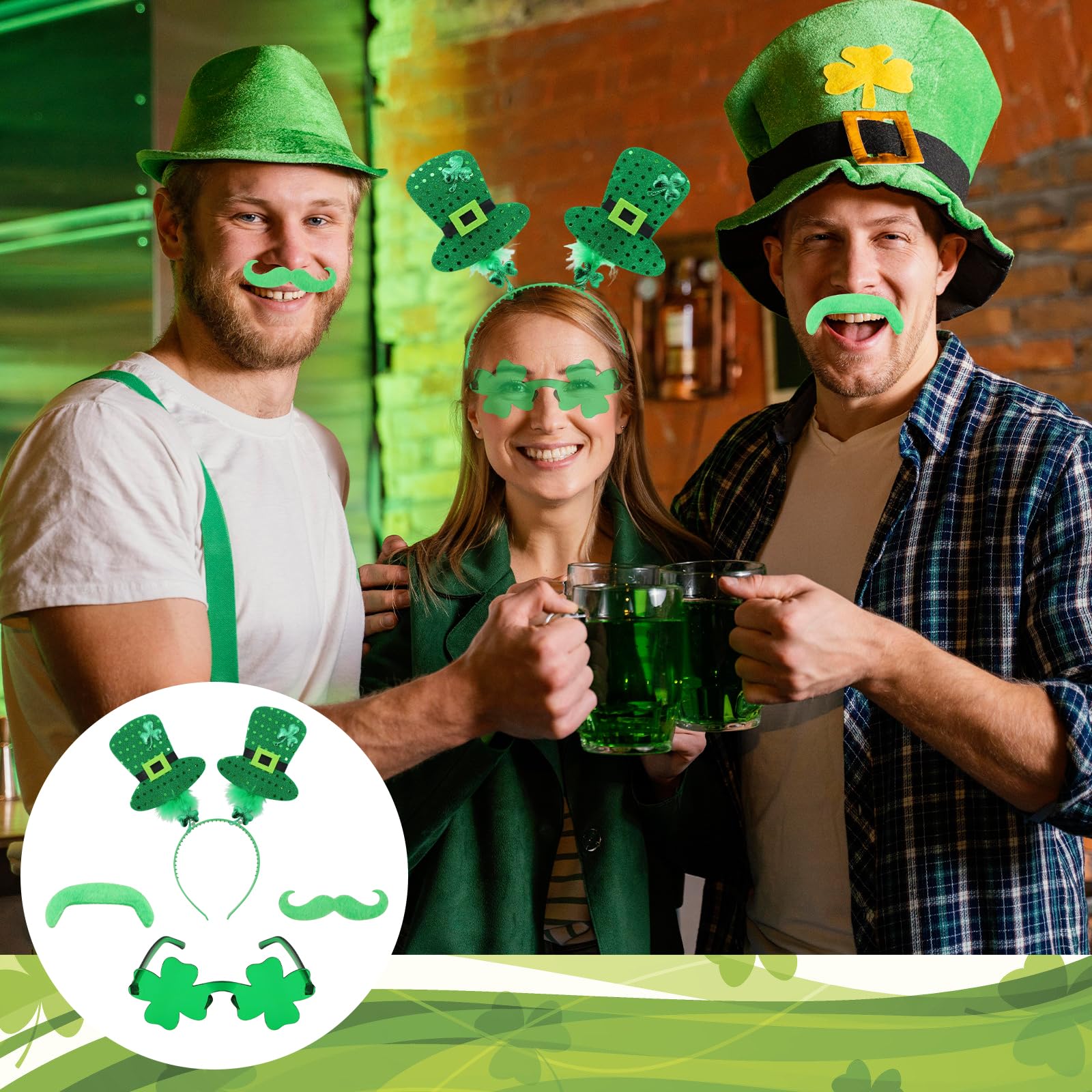 ZOCONE 6Pcs St Paddy's Day Accessories Includes 2 St Patrick Headband, 2 works of Shamrock Glasses - Image 4
