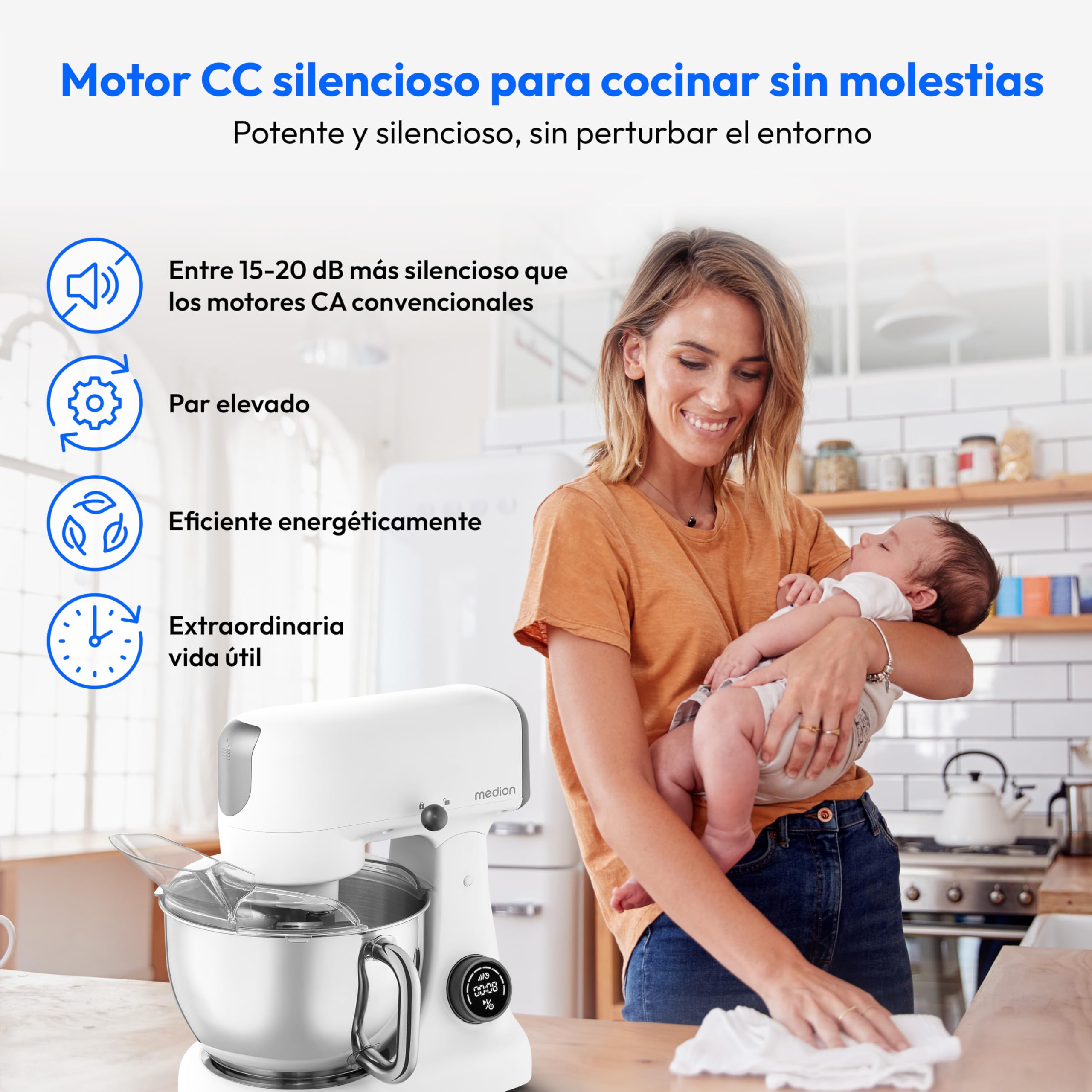 MEDION Robot de cocina con picadora (800 vatios, motor de CC, recipiente de acero inoxidable de 4,6 litros, ahorro de energía, ultrasilencioso, pantalla táctil con sensor digital, MD12600) Blanco