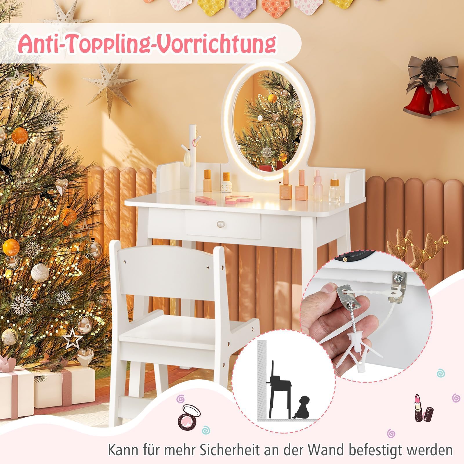 COSTWAY 2 in 1 Kinder Schminktisch mit Hocker, Frisiertisch mit Beleuchtung, Schminkkommode aus Holz mit Schublade & Schmuck-Organizer, Kosmetiktisch Prinzessin für Mädchen ab 3 Jahren (Weiß)