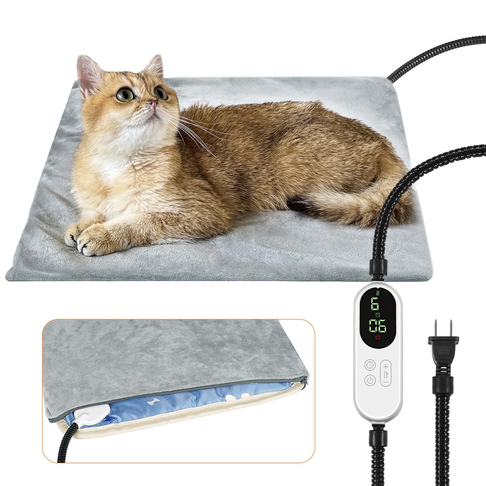 Almohadilla térmica para mascotas, 9 almohadillas de calefacción ajustables para gatos con temporizador, 17.7 x 17.7 pulgadas, impermeable, calentamiento, manta para perros, gatos, perros, gatitos