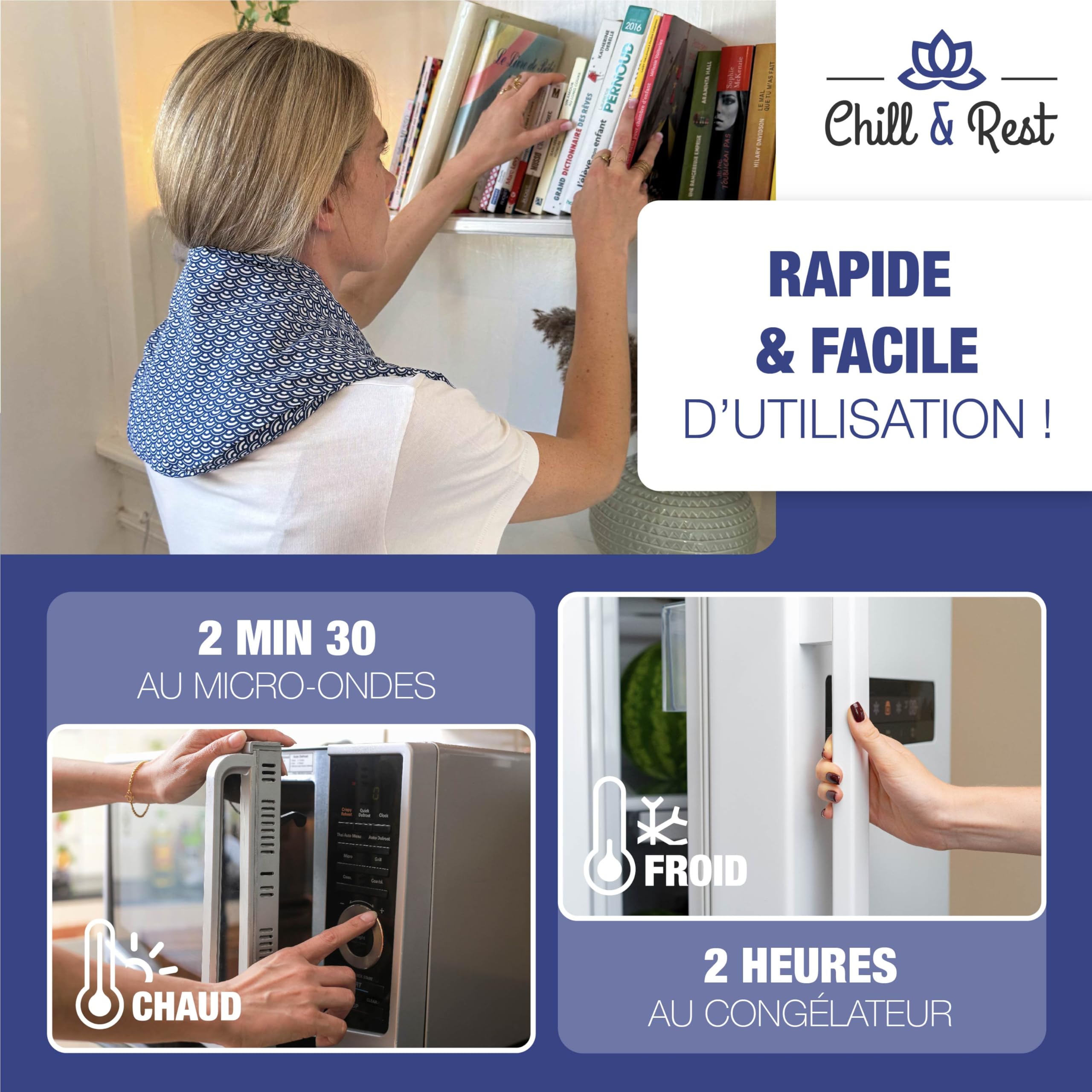 Chill&Rest - Bouillotte cervicales micro onde déhoussable - Fabriquée en France - Coussin chauffant dos - Graines de lin - Masque migraine - Bouillotte ventre - Collier cervical - Bleu - La Segaiha