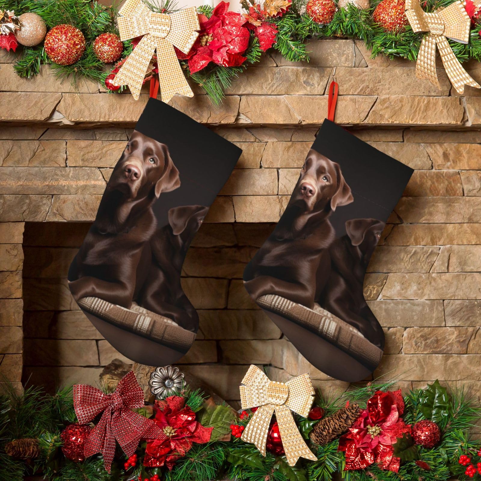 KLOPH Christmas Stockings 18" Personalized Xmas Stocking Brown Labrador Retriever Decoration Stocking Hanging Fireplace Stocking for Holiday Xmas Tree Christmas Fireplace Decor