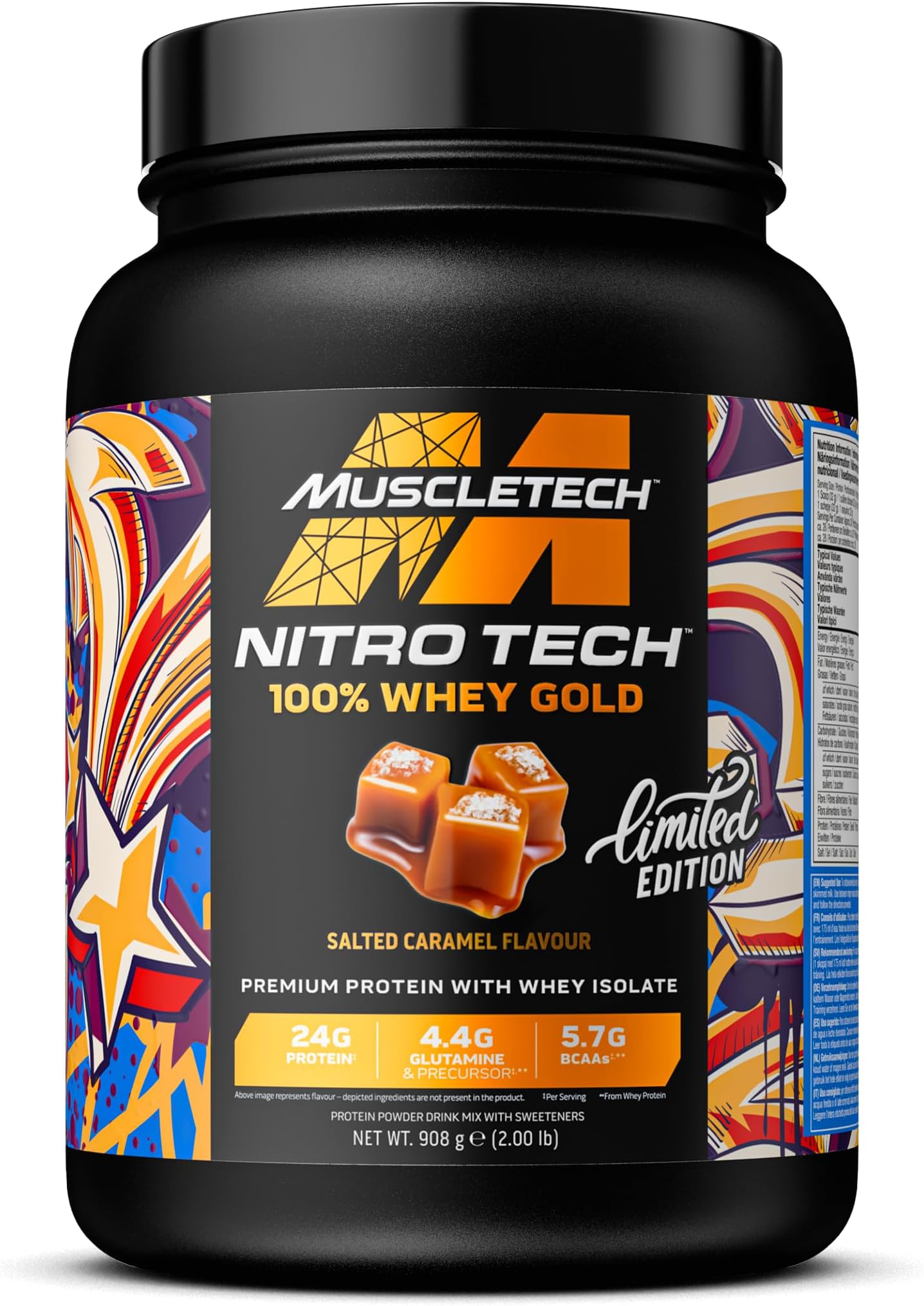 MuscleTech NitroTech 100% Whey Gold Protein Powder, Build Muscle Mass, Whey Isolate Protein Powder & Peptides, Protein Shake For Men & Women, 5.7g BCAA, 28 Servings, 908g, Salted Caramel
