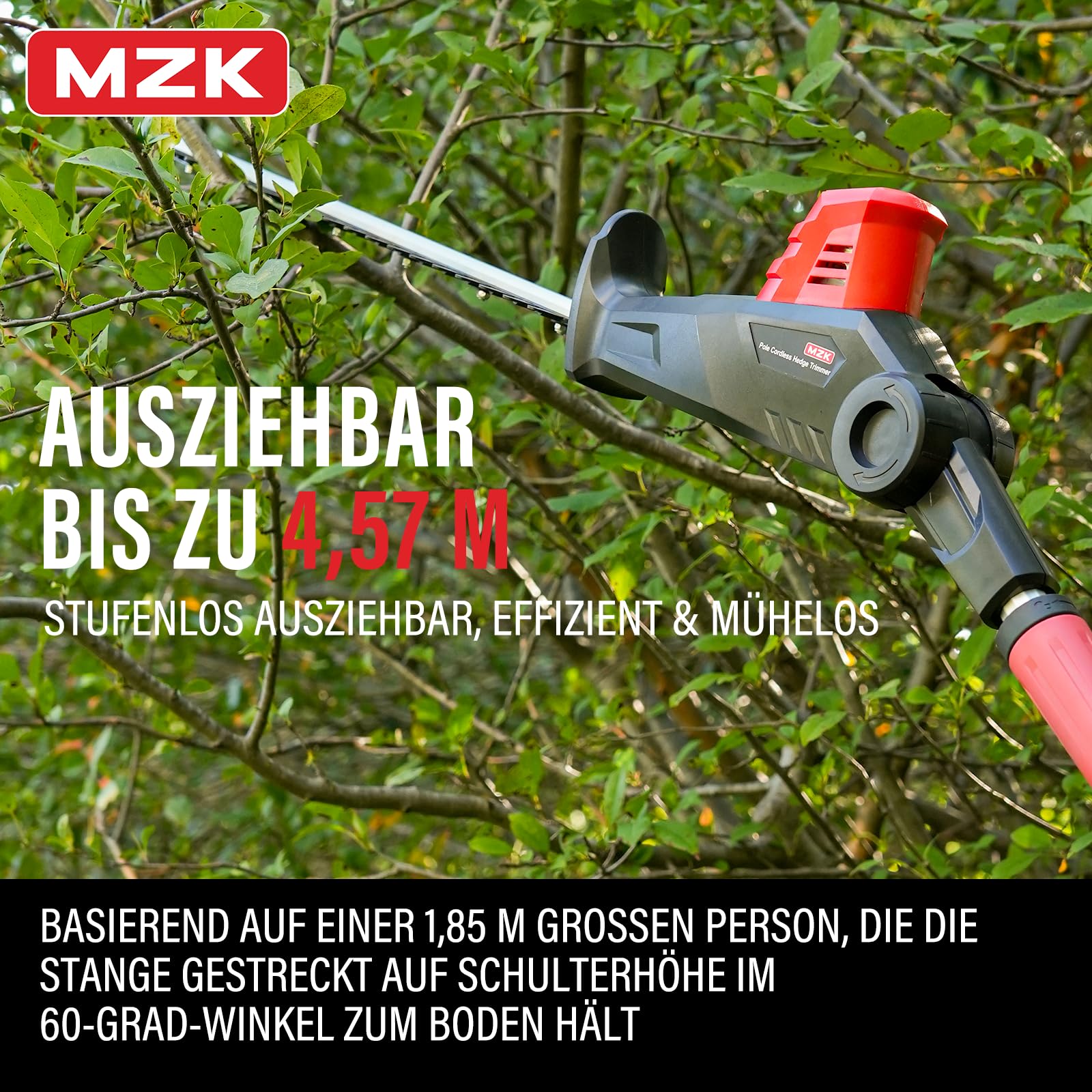 MZK 20V MAX Akku Teleskop-Heckenschere mit 58 cm Schnittlänge, 2.4 m Reichweite, elektrischer Heckenschneider mit Teleskopstiel und Multi-Winkel-Funktion (inkl. 2 Akkus und Ladegerät)