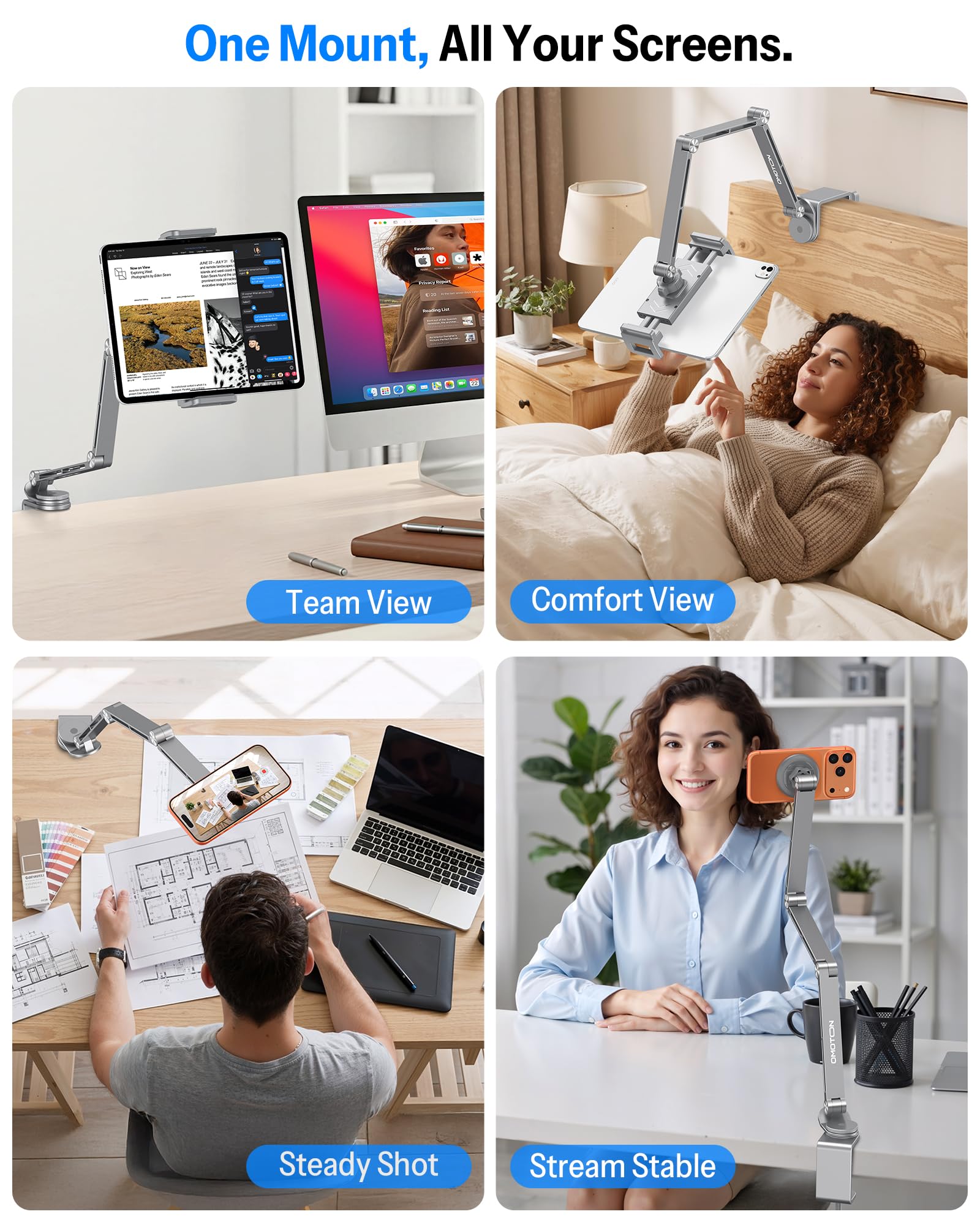 OMOTON Supporto per tablet regolabile per scrivania, supporto per tablet in lega di alluminio per iPad, supporto per telefono girevole a 360° con 2 morsetti, supporto per telefono per letto con