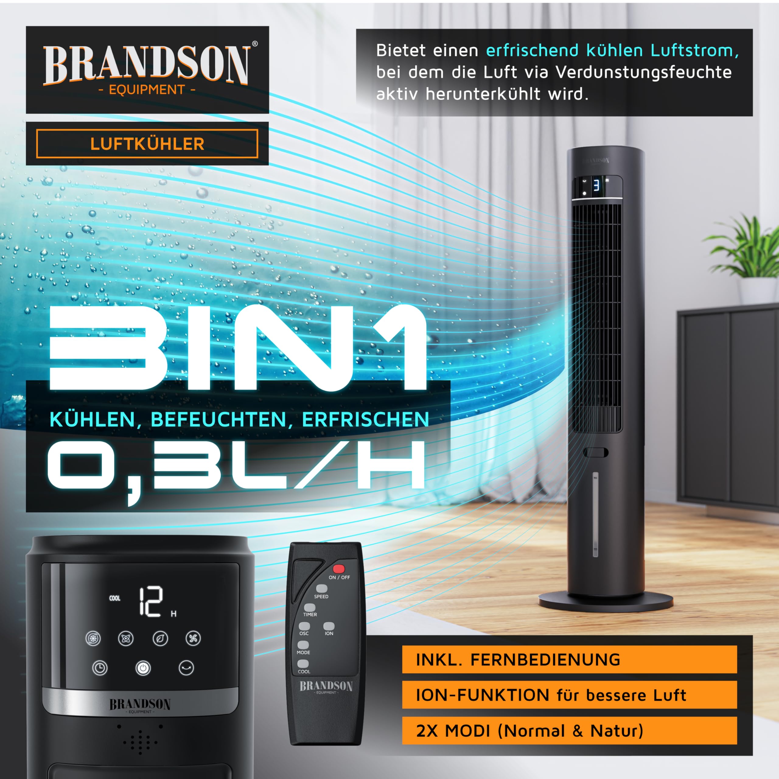 Brandson – mobiler Luftkühler mit Wasserkühlung im ECO Design - DC Motor sehr leise - 60% Energie... Ansicht 5