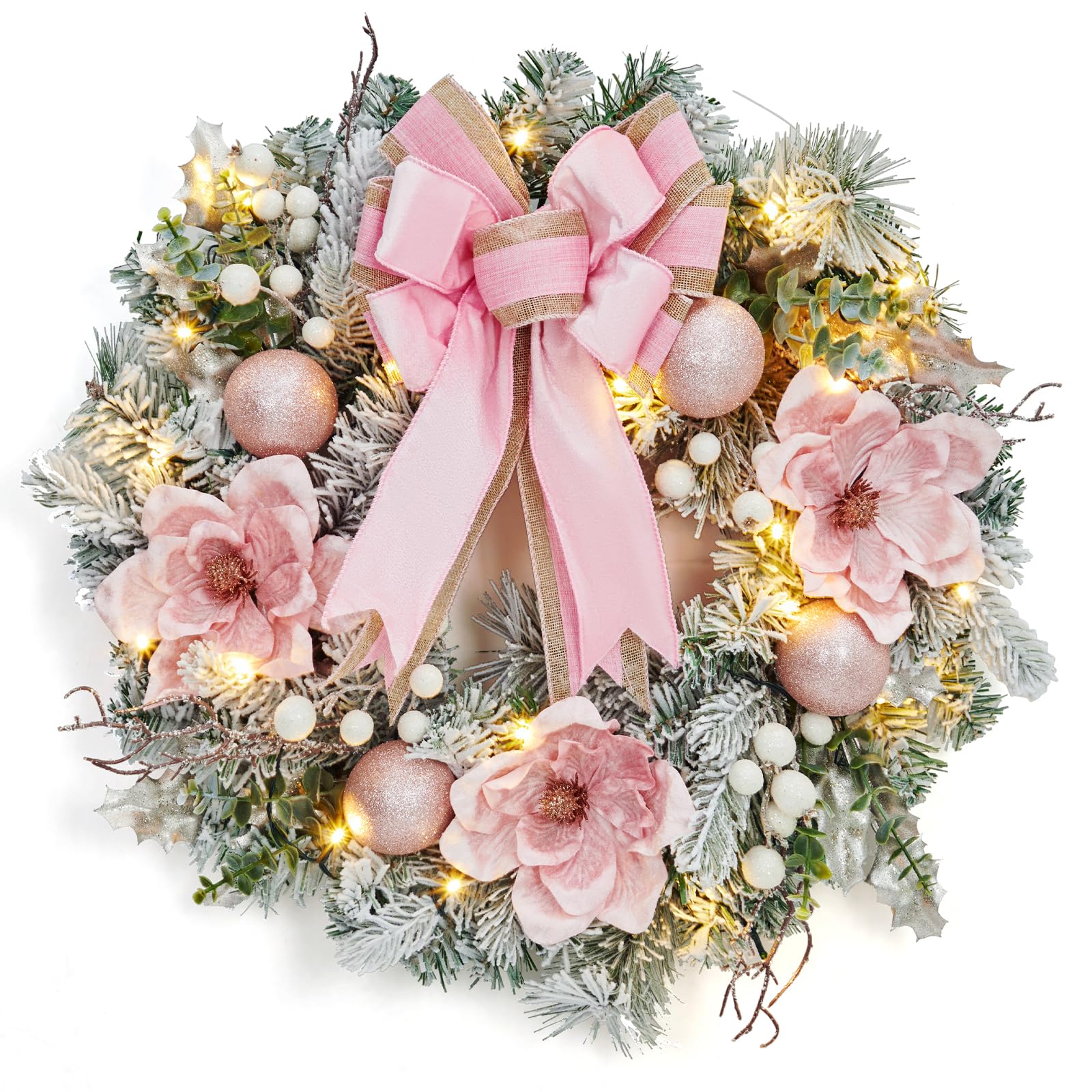 Grande couronne de Noël pré-éclairée pour porte d'entrée, 61 cm pour décoration de vacances, couronne de Noël lumineuse à piles avec fleurs, boules décoratives et 20 lumières LED pour fenêtre