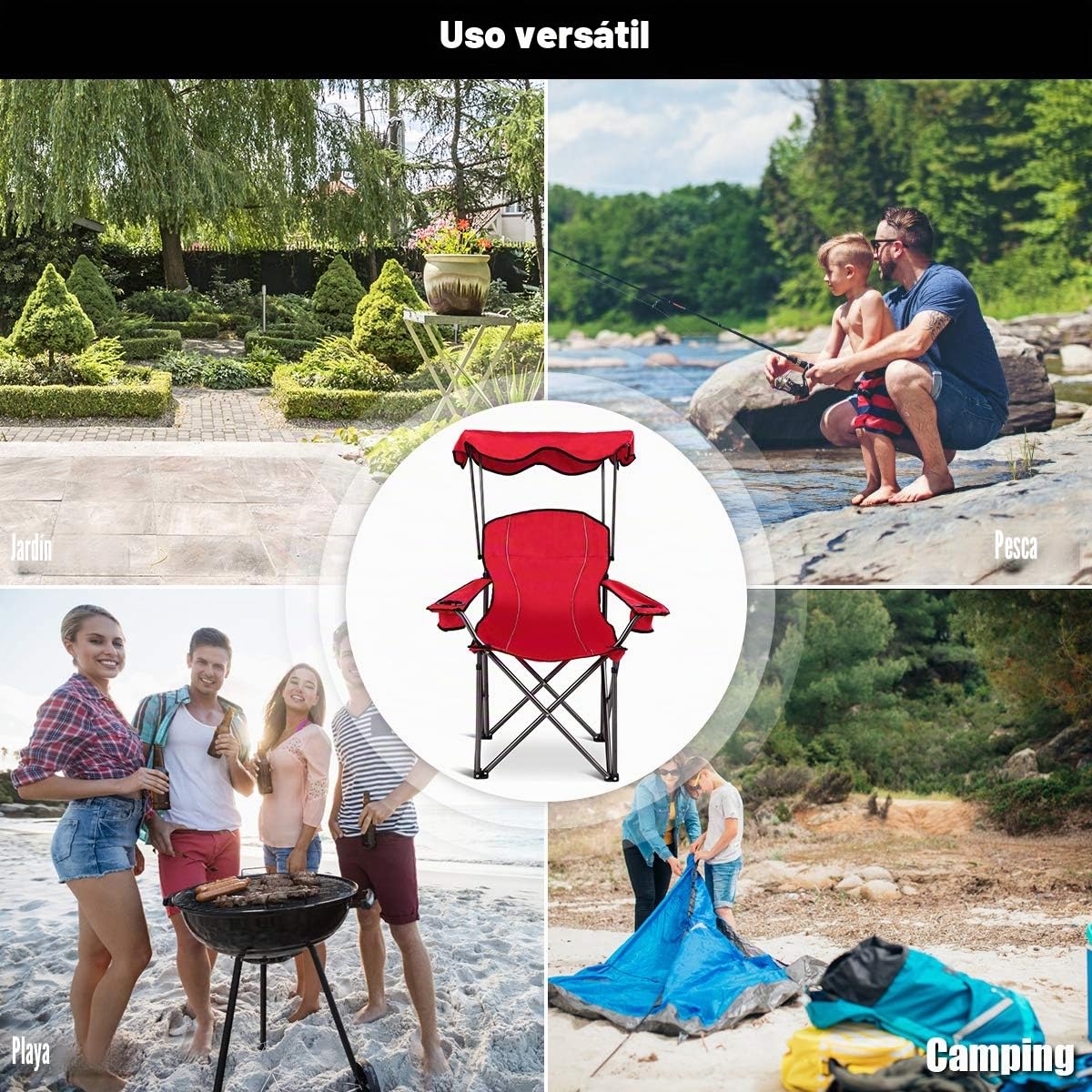 COSTWAY Silla de Camping con Techo y Portavasos Silla de Playa Plegable Carga hasta 120 kg para Patio al Aire Libre (Rojo)