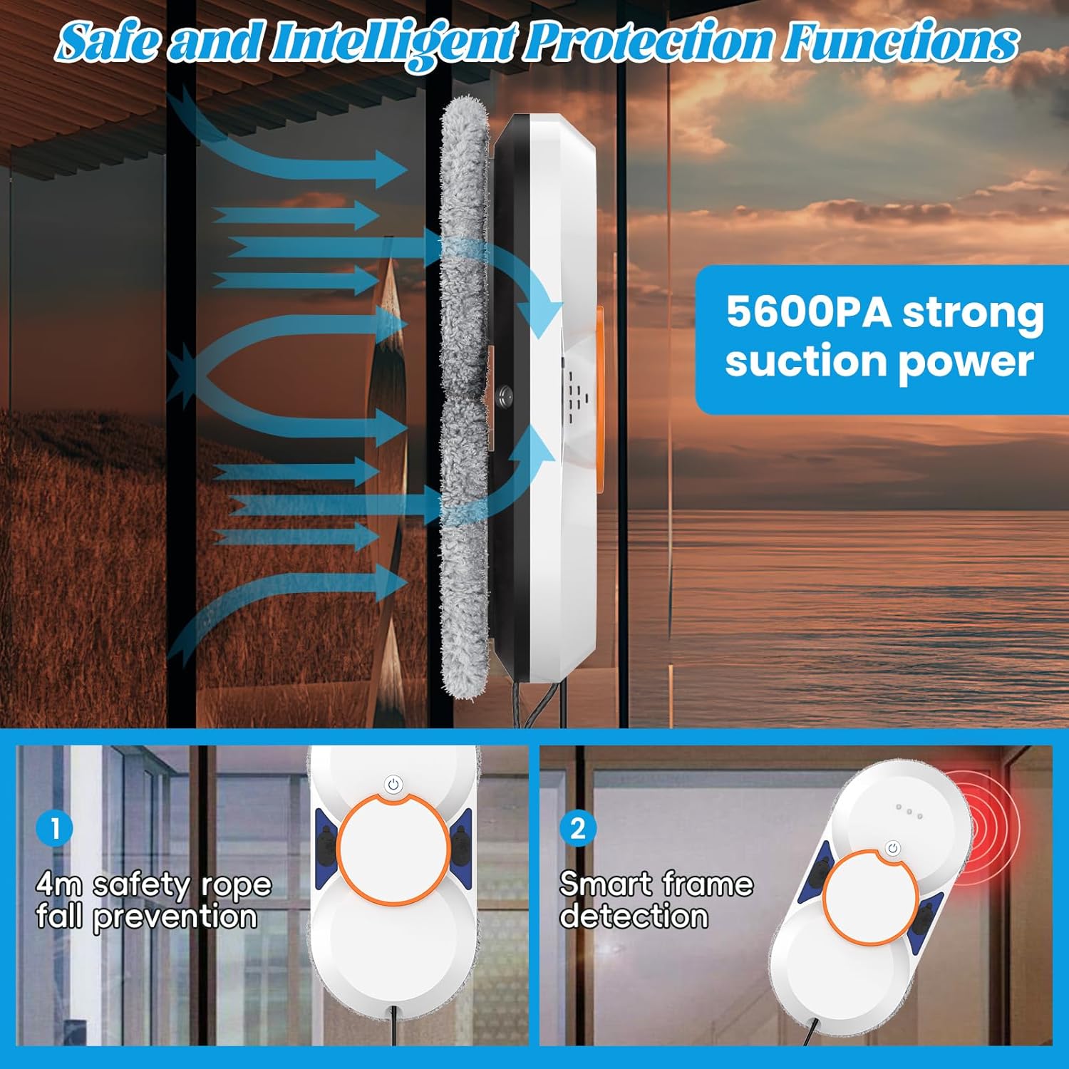 Window Cleaner Robot, 5600pa Automatic Window Cleaner Robot with Double Water Jet, 3 Cleaning Modes, Intelligent Navigation, Security System, Remote Control, for All Smooth Surfaces