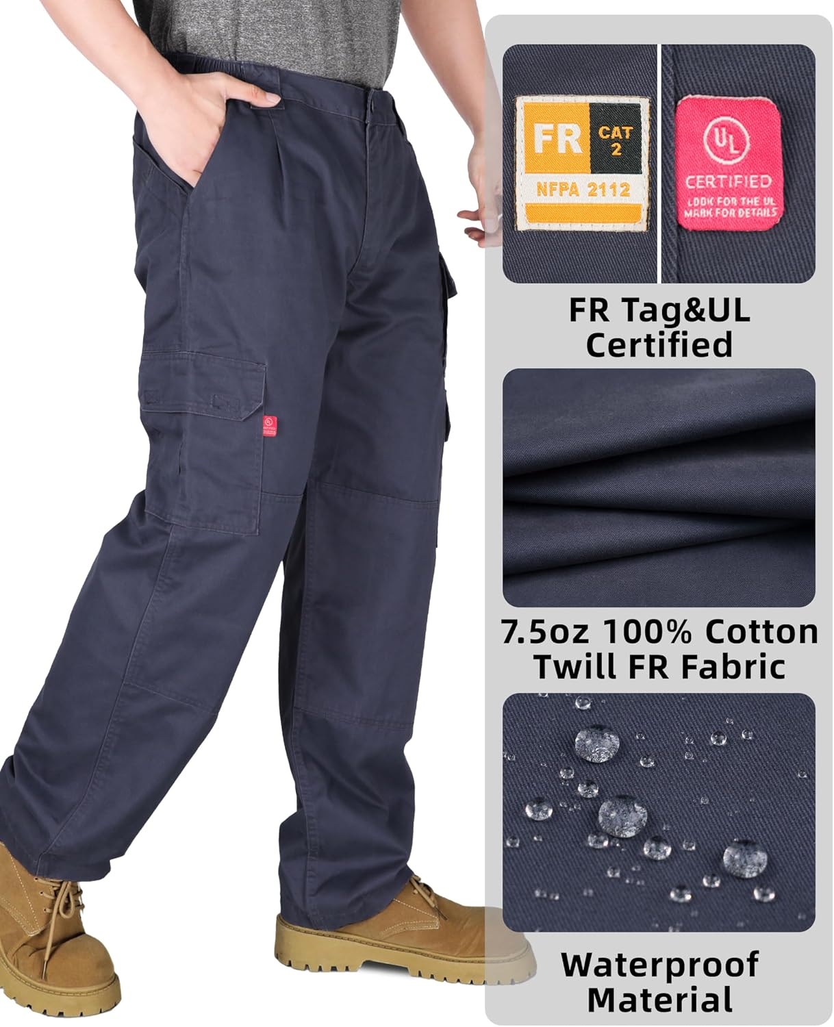 KONRECO FR Pants for Men 7.5oz Utility Cargo Pockets Relaxed Fit HRC2/CAT2 | Flame Resistant Work Pant | Water Repellent & Stain Resistant,100% Cotton,Elastic Waist,Lightweight