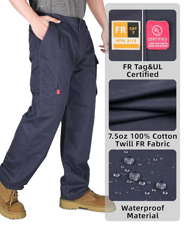 KONRECO FR Pants for Men Cargo Pockets Flame Resistant 7.5oz 100% Cotton Elastic Waist Work Pants Dark Grey by KONRECO - Used condition - Image 5