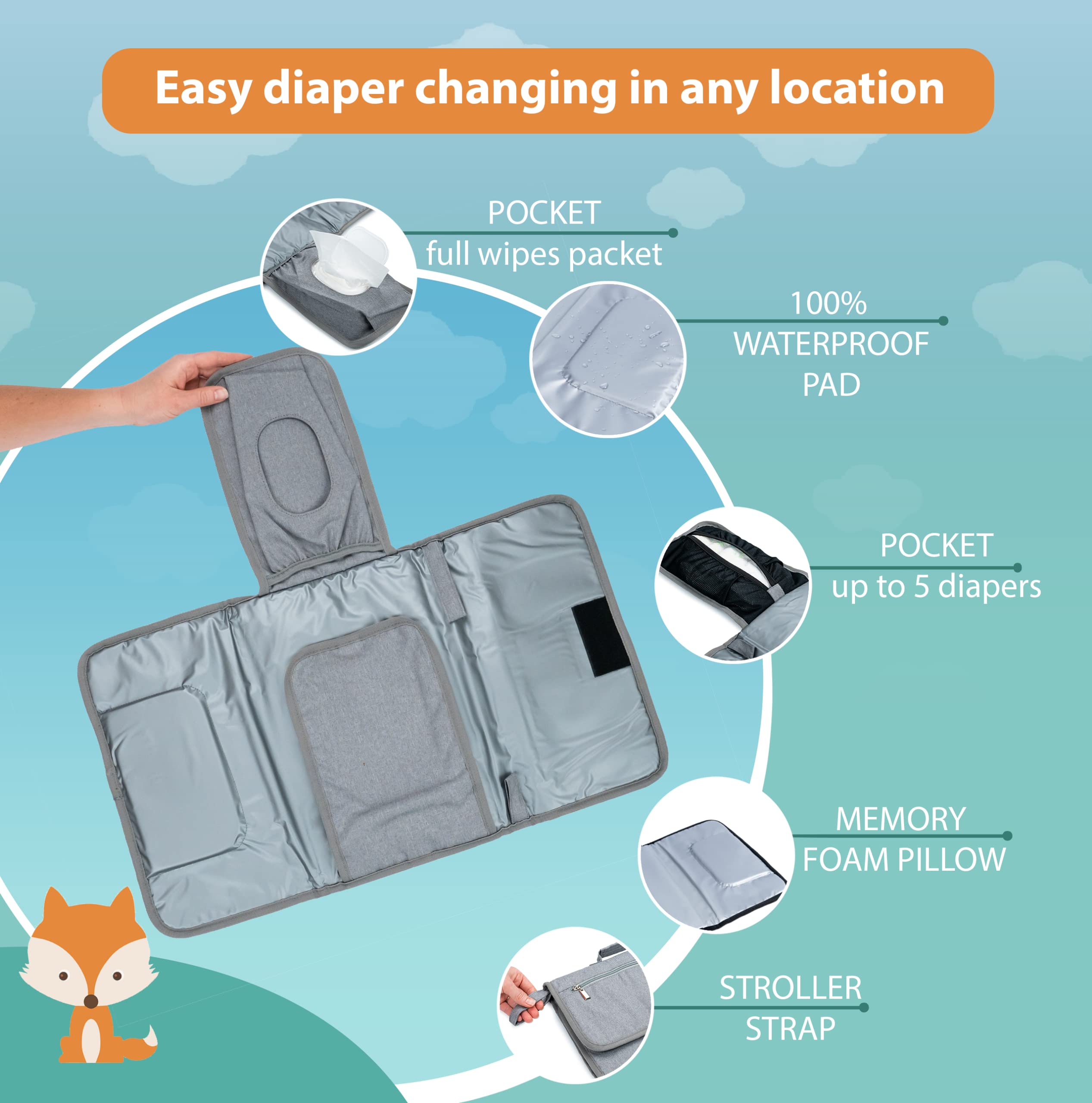 Cambiador de bebé de Lil Fox. Portátil para bolsa de pañales o almohadilla de mesa. Regalos de ducha con una sola mano, artículos esenciales para recién nacidos, bloque de cosas unisex, color gris