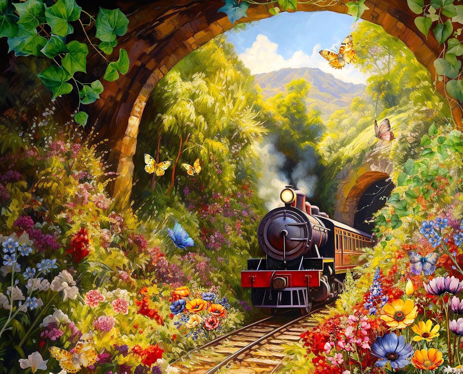 Springbok's Tunnel Pass 1000 Piece Jigsaw Puzzle for Adults by Artist Catorina Crehan - Features a Steam Train Engine Emerging from a Tunnel - Made in USA