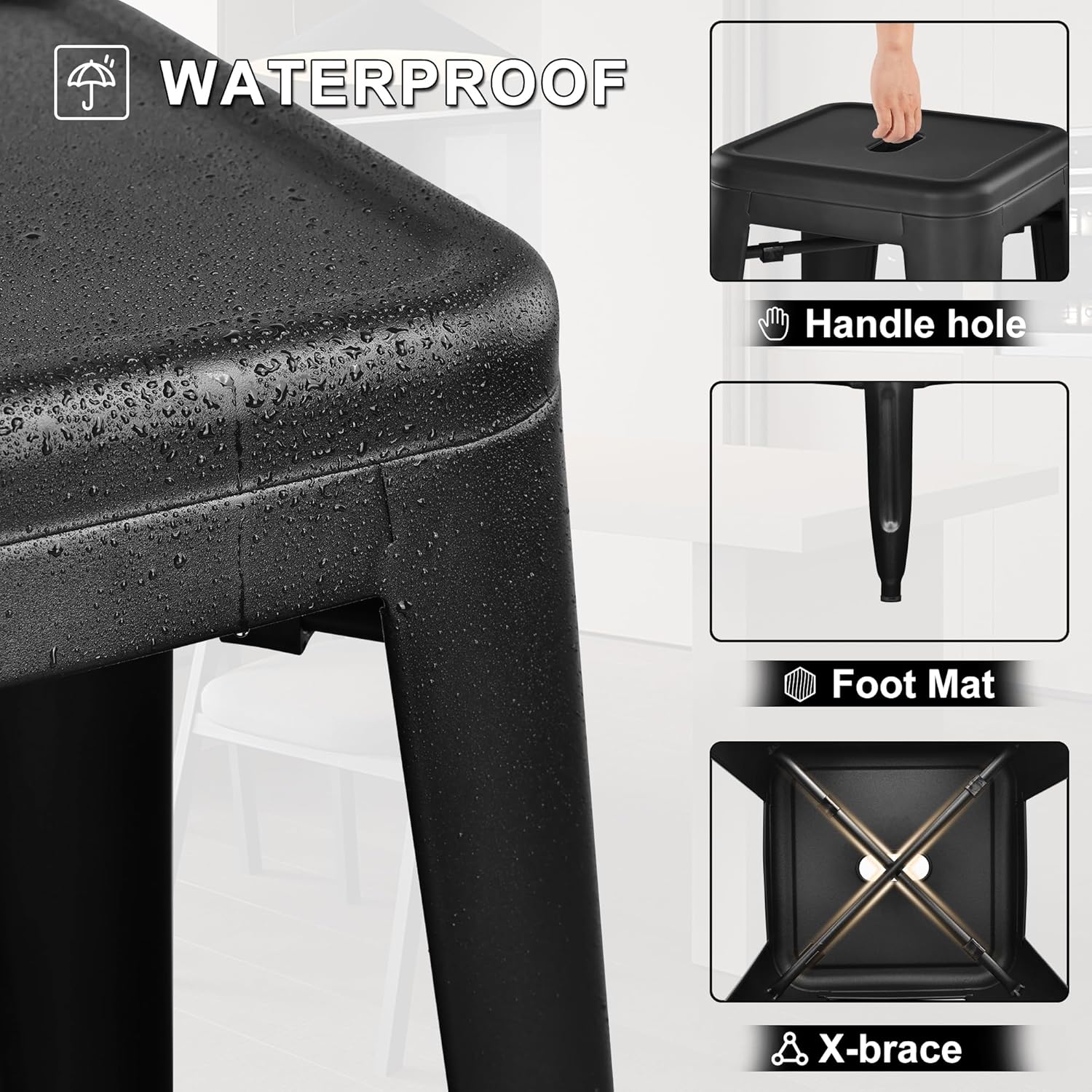 Elevon 30 Inches Metal Bar Stools, High Backless Stools, Indoor Outdoor Stackable Kitchen Stools, Set of 4, Black