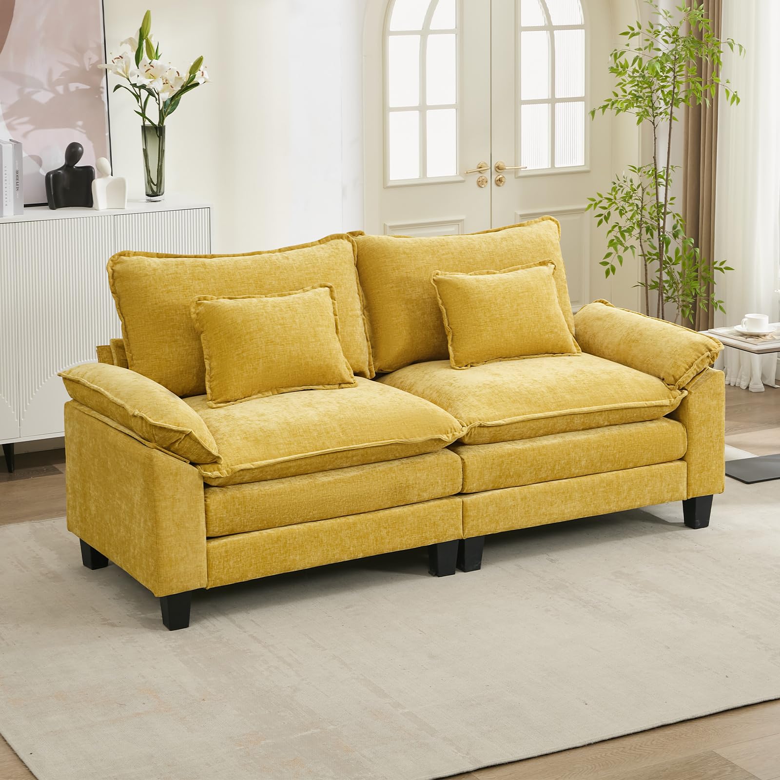 URRED Modular Sectional Sofa Comfy Cloud Couch, Modern Chenille Loveseat Sofa Sleeper Deep Seat Couches with Pillows for Living Room (Yellow, 82.6'')