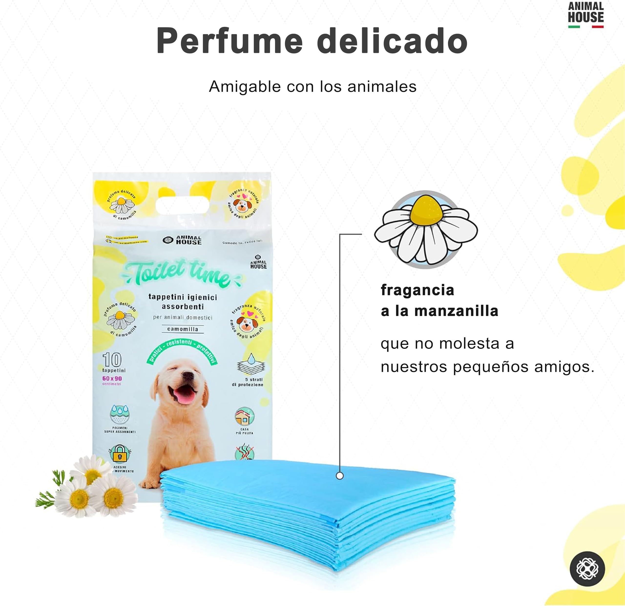 Animal House - Mats higiénico de 120pz Absorbente con manzanilla - Alta absorbencia - Libre de Polvo - Contiene los olores - Protege la casa - (60x60 cm, 120)