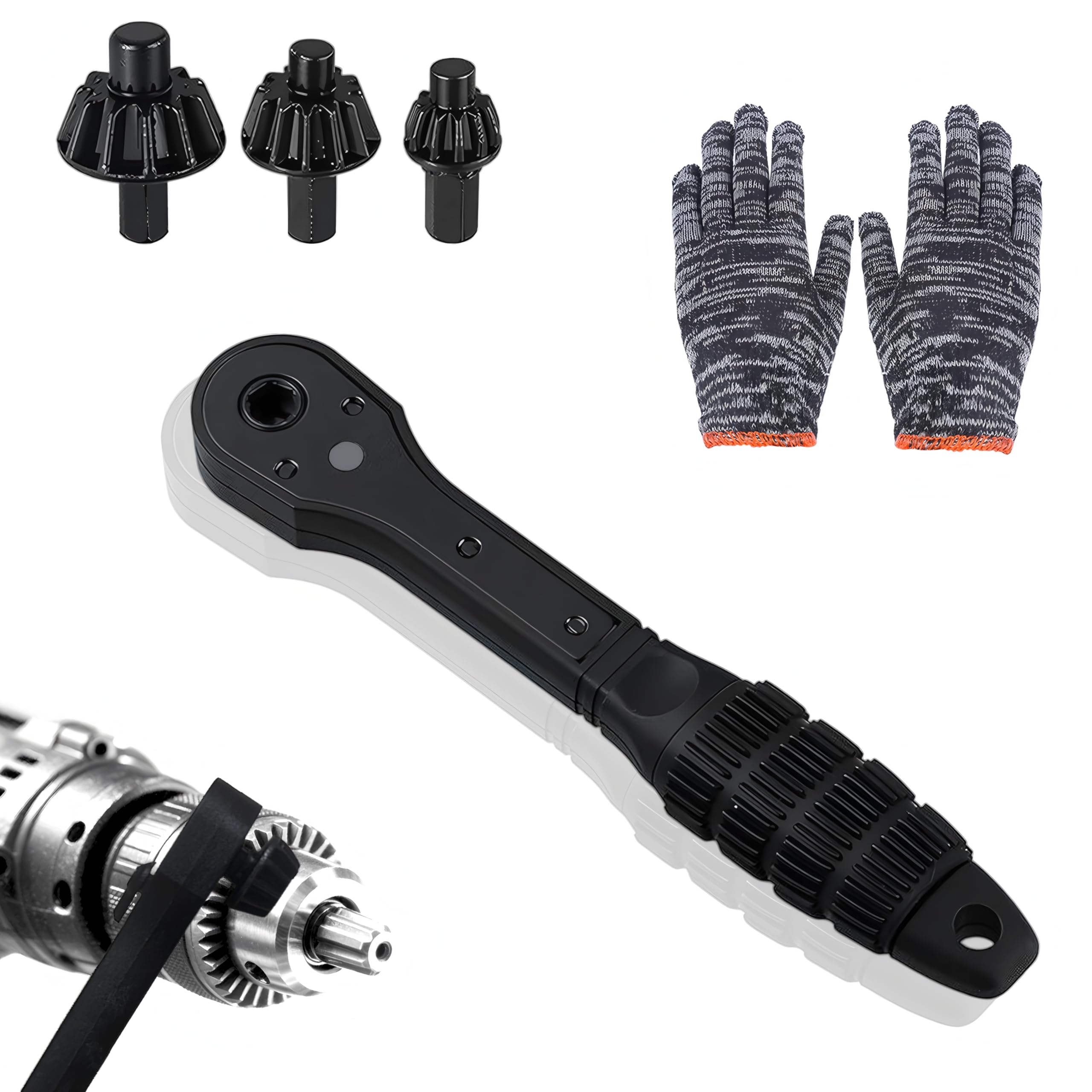 Llave de trinquete 2 en 1, llave de trinquete con 3 tamaños de enchufe y 1 par de guantes, herramienta de repuesto universal para taladros, compatible con la mayoría de taladros eléctricos y