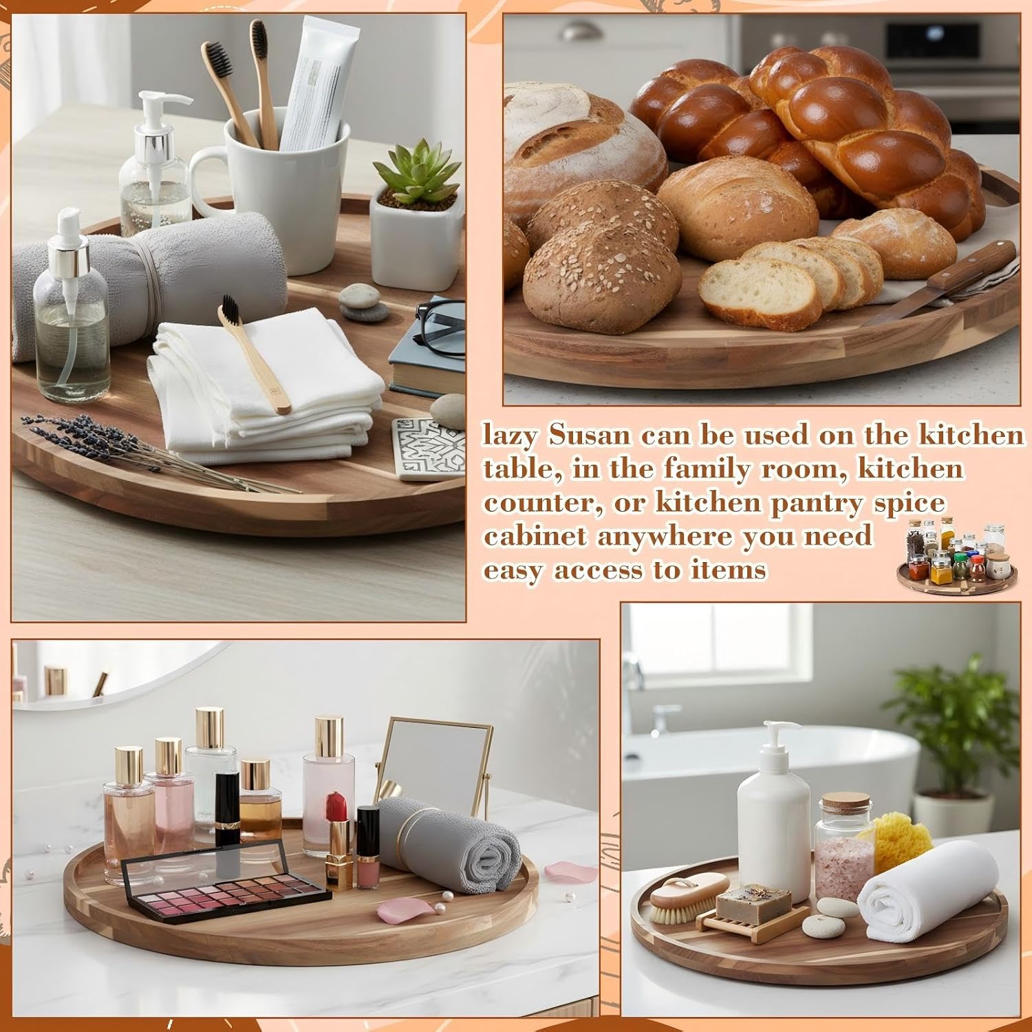 20'' Wood Lazy Susan for Countertop Acacia Large Turntable Rotating Serving Tray for Table Top Non Skid Kitchen Tray Revolving Condiment Spice Rack Table Organization Storage, Natural