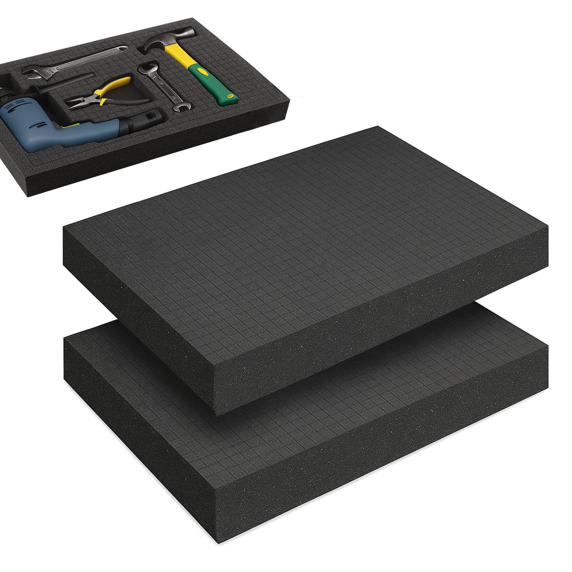 Lot de 2 mousses prédécoupées noires : 405 x 305 x 50 mm - Pour valise, appareil photo et tablette - Outils - Noir