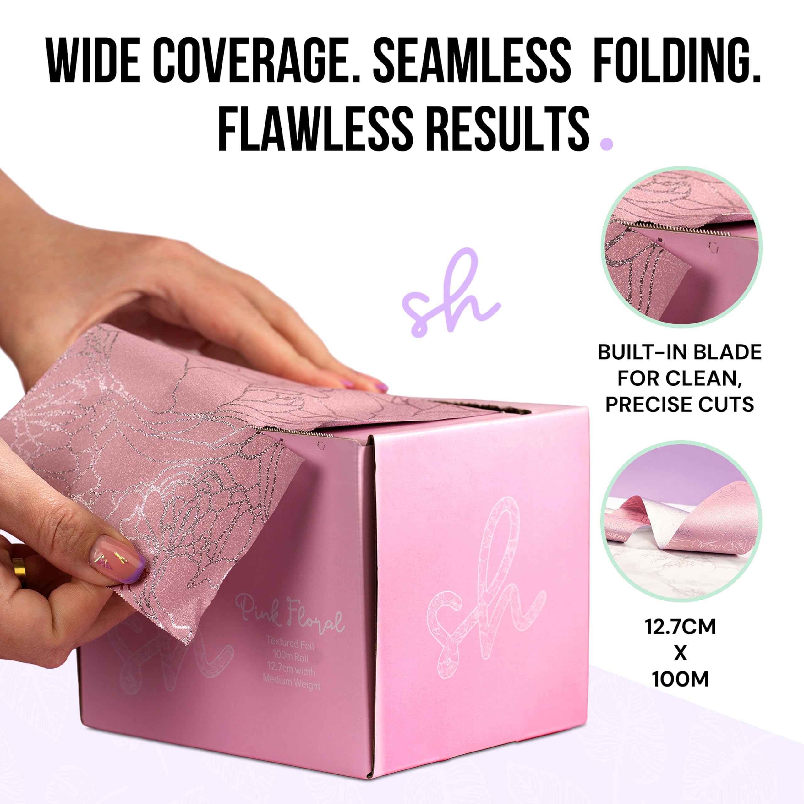 Extra breite Haarfolie, Friseurfolie für Strähnchen und Balayage, 12,7 cm breite Haarfolienrolle mit integriertem Cutter Geprägte Folie mit rosa Blumendesign