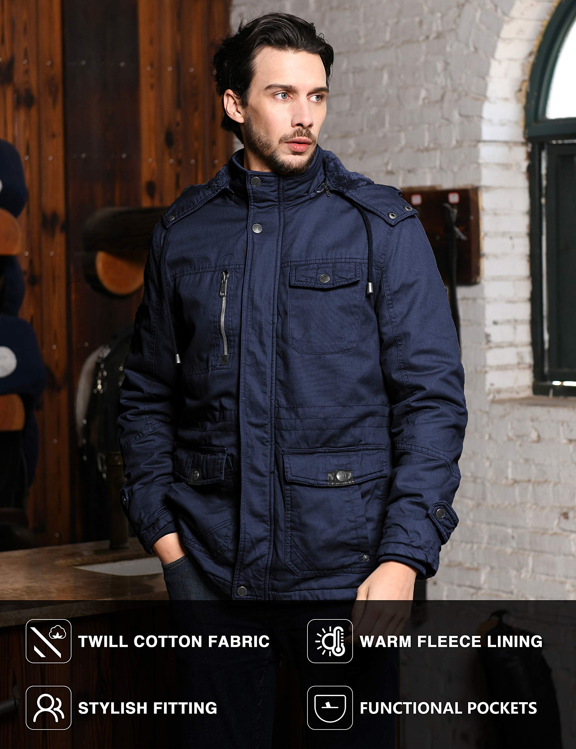 WenVen Giacca Militare Calda Invernale Cappotto con Cappuccio Staccabile a Vento Parka da Esterno Media Lunga Giubbotto Imbottito in Cotone Uomo