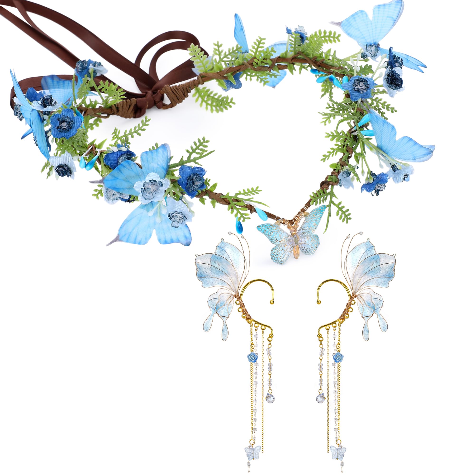 MOSTORY Flower Crown Elf Ears for Renaissance Costume Women, Blue Fairy Headpiece with Flowers and Butterflies for Wedding Carnival Halloween Book Day May Day Festival Hair Accessories — image 1
