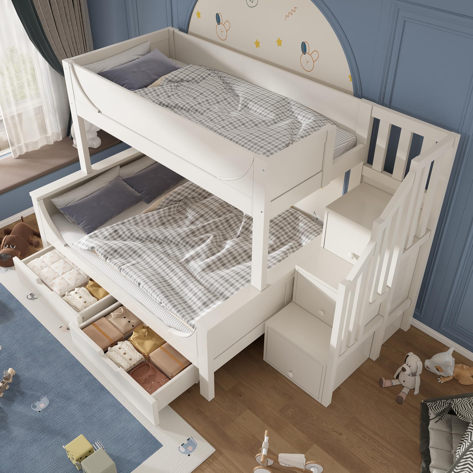 Merax Lit superposé pour enfant avec armoire échelle et tiroirs, lit mezzanine en bois peu encombrant pour 3 enfants, 90 x 200 et 140 x 200 cm, avec protection anti-chute et sommier à lattes, blanc