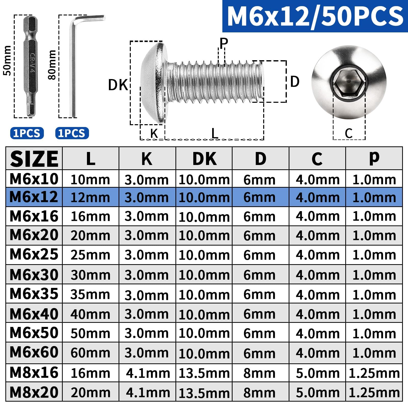 XRXYMQ M6 Bolts 50 Pcs Bolt M6 x 12 mm Hex Socket Button Head Screws Stainless Steel Bolts A2 Machine Screw for Home Furniture Wood Assembly Repair Industrial Electronic - Image 2