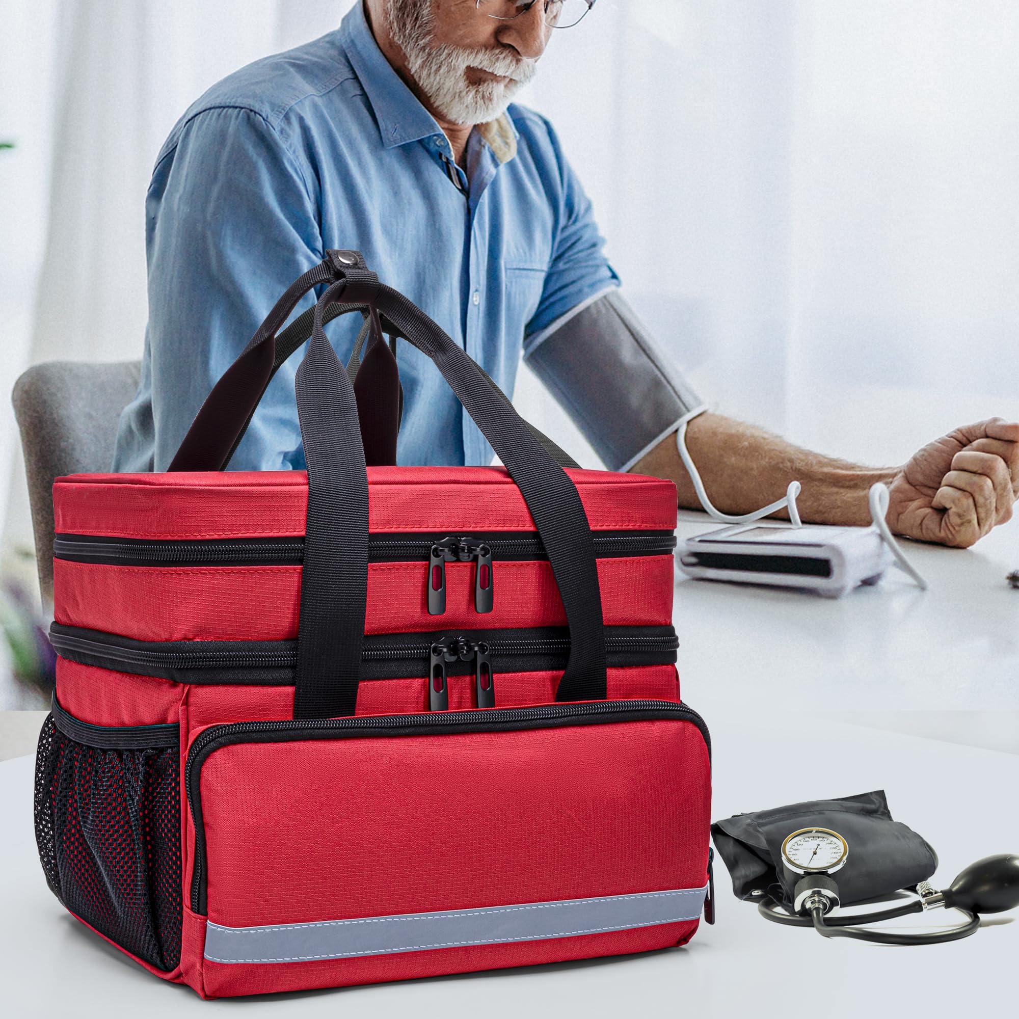 CURMIO Bolsa de primeros auxilios vacía de doble capa, bolsa médica, bolsa de botiquines médicos de emergencia, bolsa de almacenamiento de medicamentos para el hogar y viajes, color rojo (diseño
