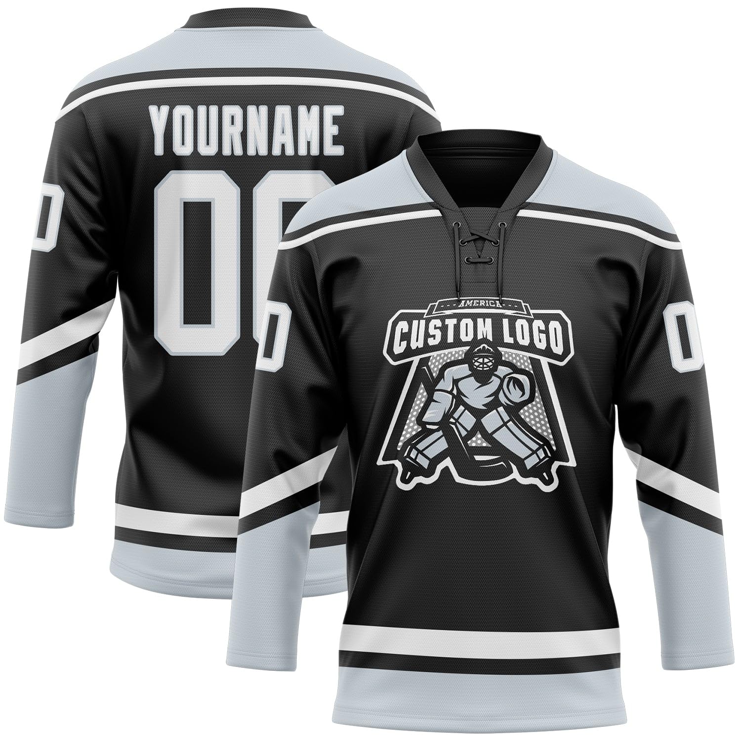 Custom Black White-Silver Hockey Lace Neck Jersey, Mens Hockey Jersey, Hockey Practice Jersey, Practice Hockey Jersey, Hockey Jersey Men, Jerseys for Men, Hockey Jersey, Custom Hockey Jersey