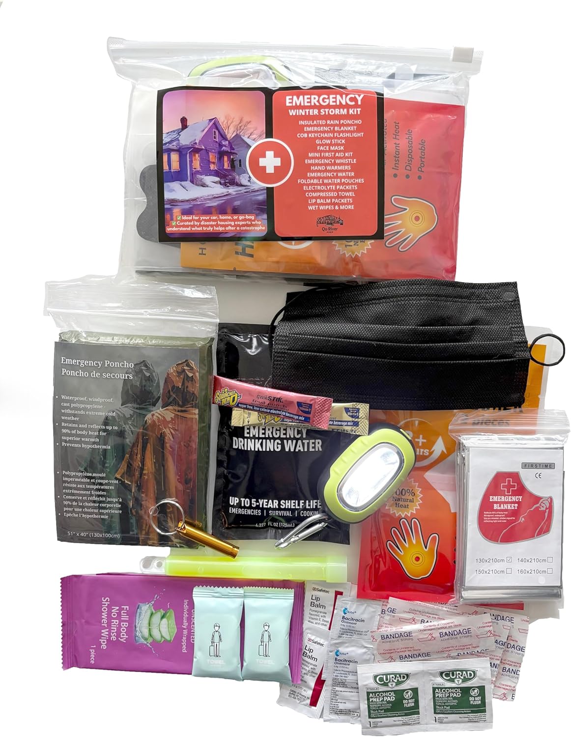 Winter Storm Emergency Kit with COB Keychain Light, 15 Essential Items (30 Pieces Total) with Rain Poncho, Blanket, First Aid, Emergency Water Winter Storm Emergency Kit with COB Keychain Light, 15 Essential Items (30 Pieces Total) with Rain Poncho, Blanket, First Aid, Emergency Water