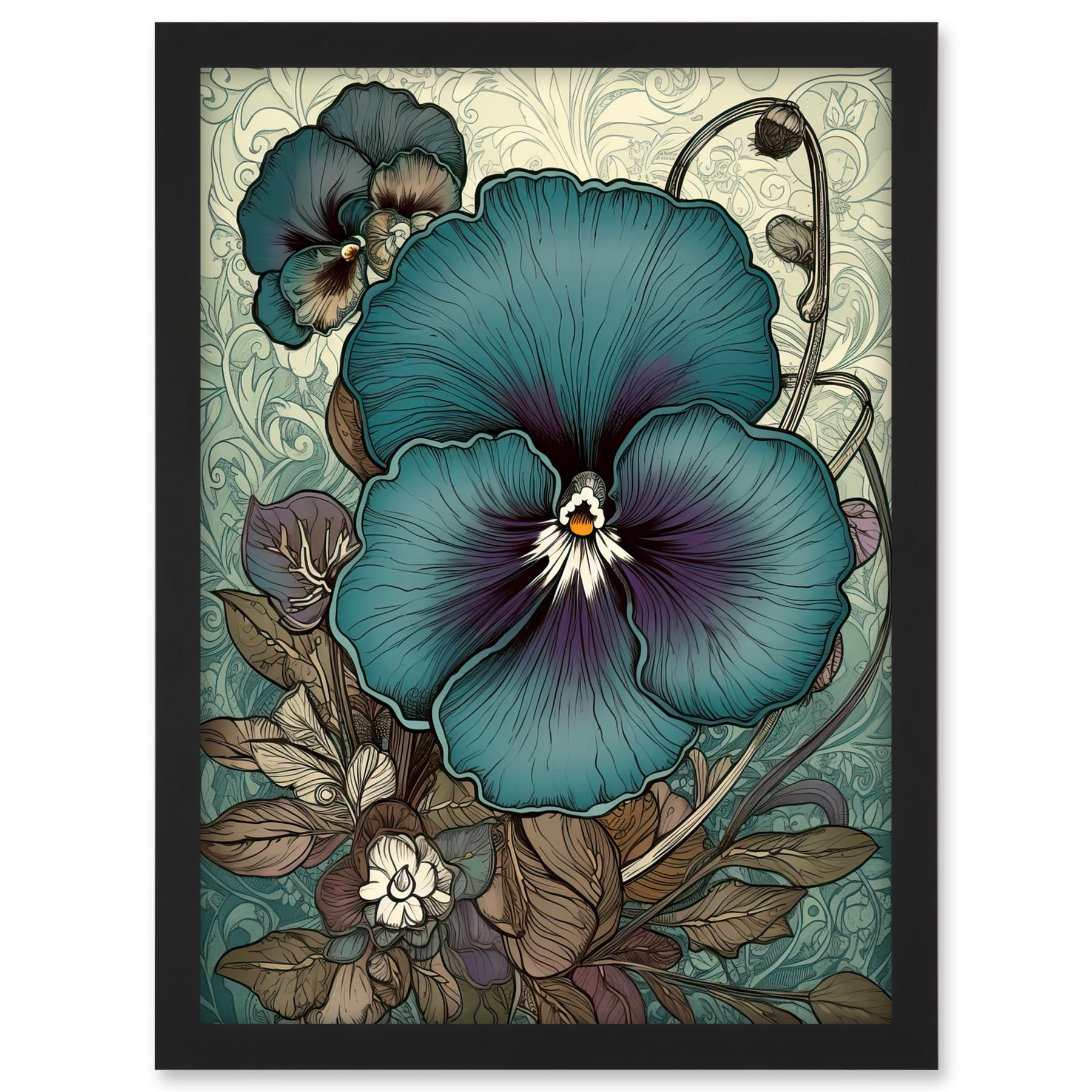 Artery8 Blue and Purple Pansy Flower and Floral Patterns Artwork Framed A3 Wall Art Print