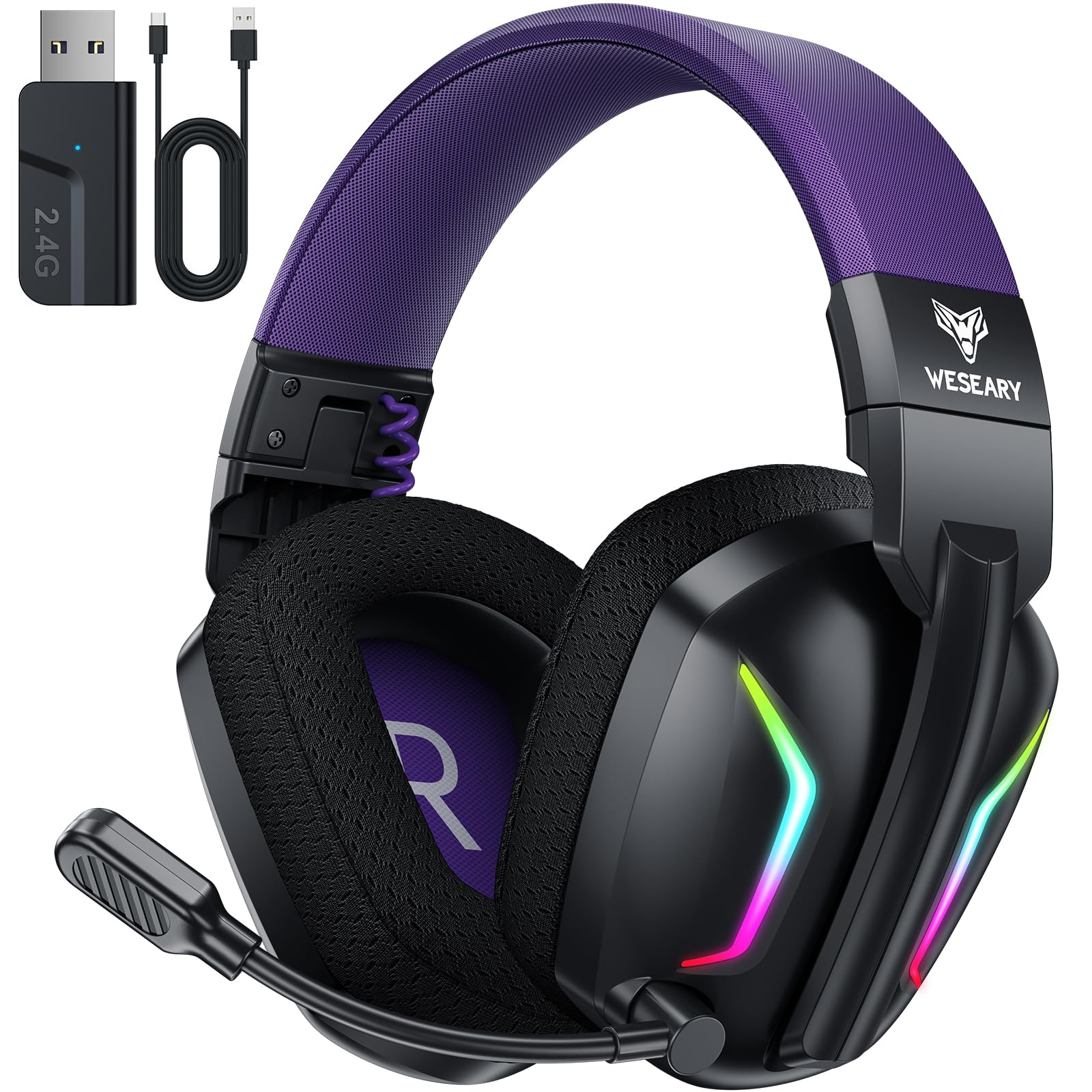 WG1 Cascos Gaming Inalambricos, Auriculares Gaming Inalambricos para PS5, PS4, PC, Switch, Sonido Estéreo Auriculares Gaming con Microfono, Cascos con Luz LED, Duración 50Hr+