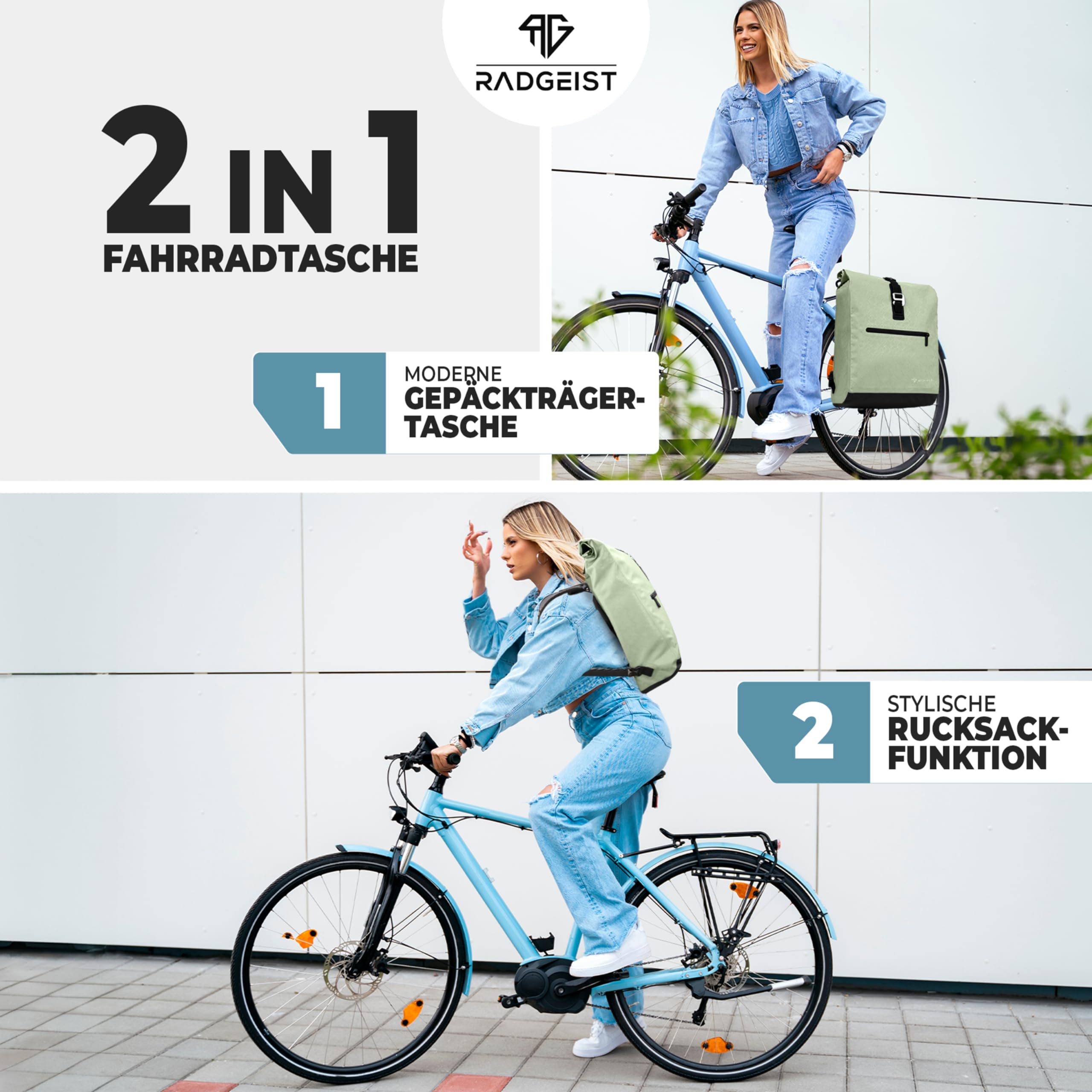 RADGEIST Fahrradtasche für Gepäckträger I Gepäckträgertasche & Rucksack I Fahrradtasche für Damen & Herren I Umhängetasche & Gepäcktasche für Fahrrad 20L Mint