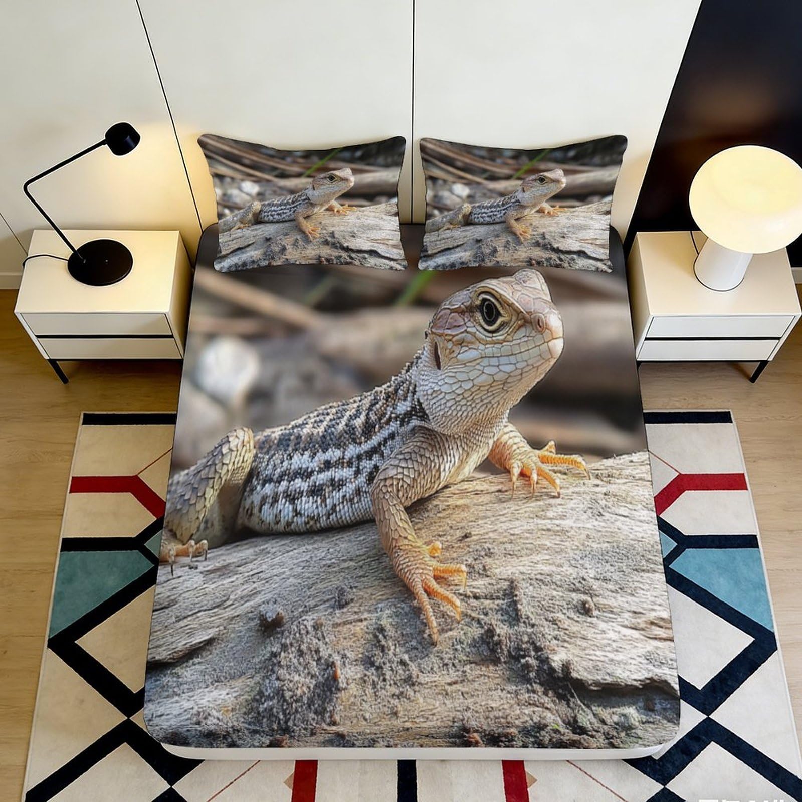3D Printed Lizard Desert Style Fitted Sheet Microfiber Soft Breathable Reptile Wood Mattress Cover Bedroom Decor 90x200x25cm