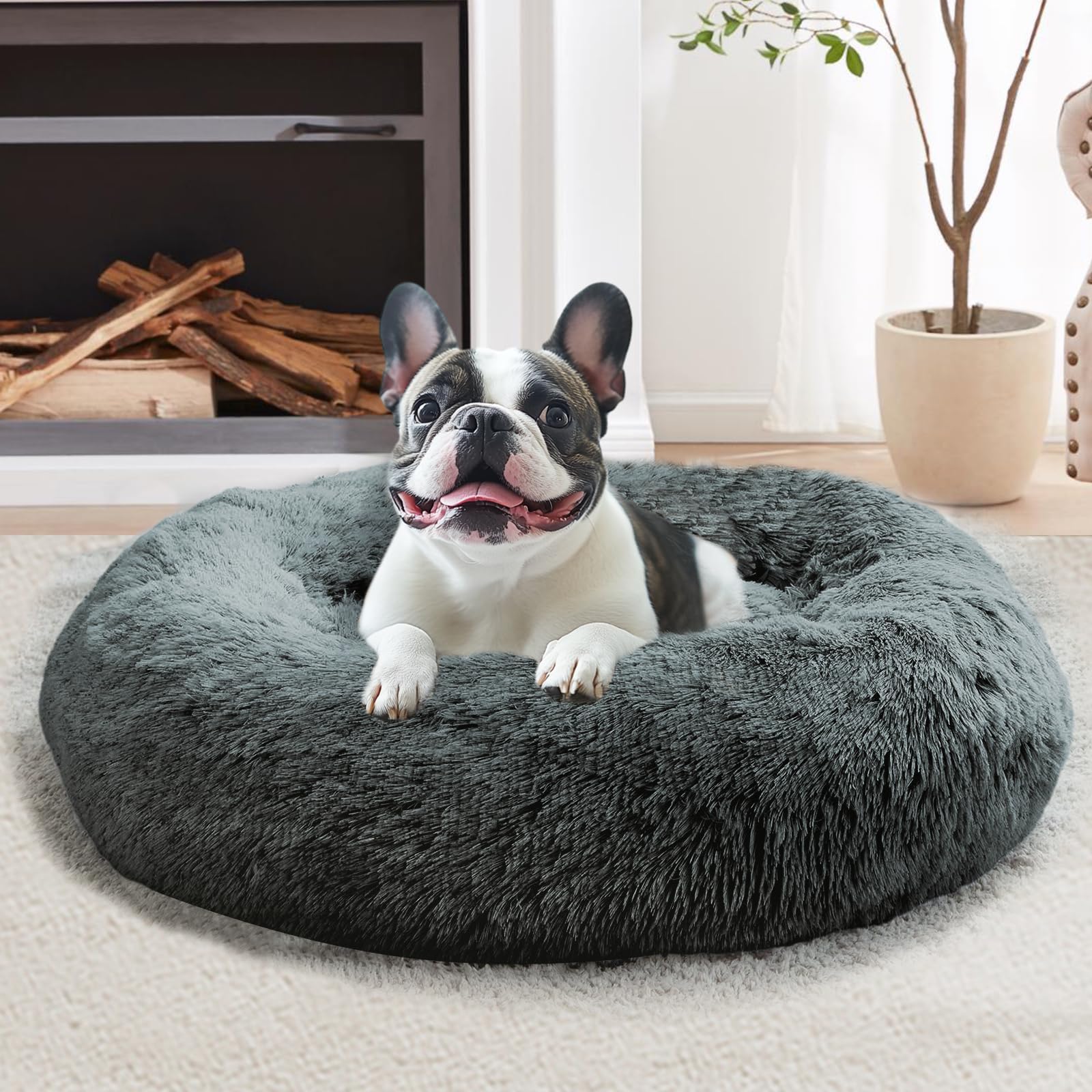 JOLLYVOGUE Calming Dog Beds Large Sized Dog, 36in Donut Washable Large Pet Bed, Anti-Slip &amp; Anti-Anxiety Fluffy Faux Fur Round Dogs Bed, Fits up to 80 lbs Pets (Navy Grey)