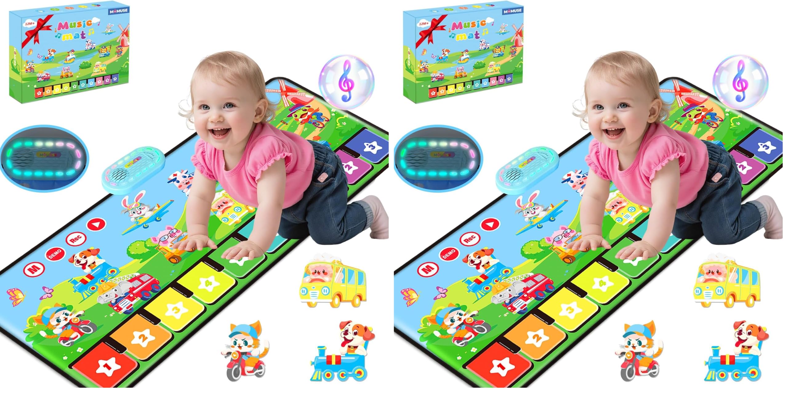 MOMUSE Jouet Bebe 1 an avec 80 Sons, Tapis Musical avec 10 Animaux et 10 Voitures, Piano Enfant Tapis de Danse Cadeau Bebe Garçons Filles 1 2 3 Ans (Lot de 2)