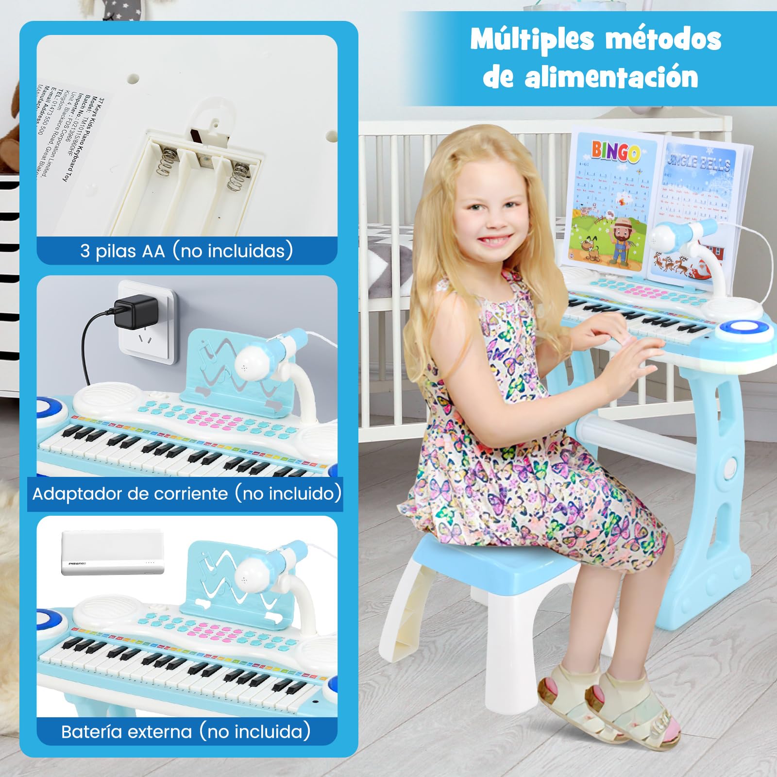 COSTWAY Piano Electrónico para Niños, Piano Infantil de 37 Teclas, Teclado de Piano con Patas Desmontables, Banquito, Micrófono Ajustable, 8 Ritmos y 8 Instrumentos (Azul)