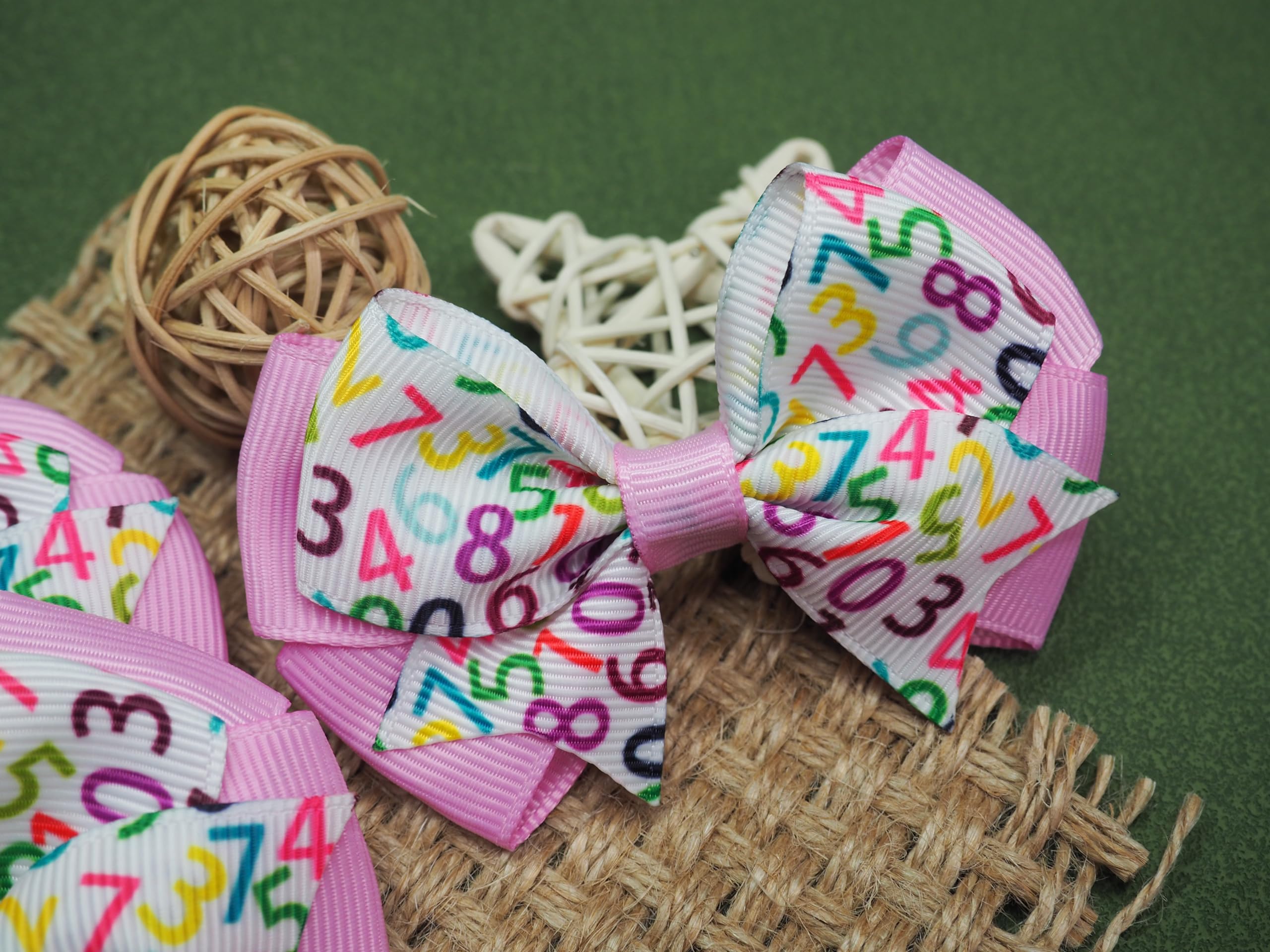 MeiMei Multicolour Numbers Maths Pattern 3.25 Inch Grosgrain Ribbon Hair Bow, Slide Barrettes Alligator Hair Clips - Image 3
