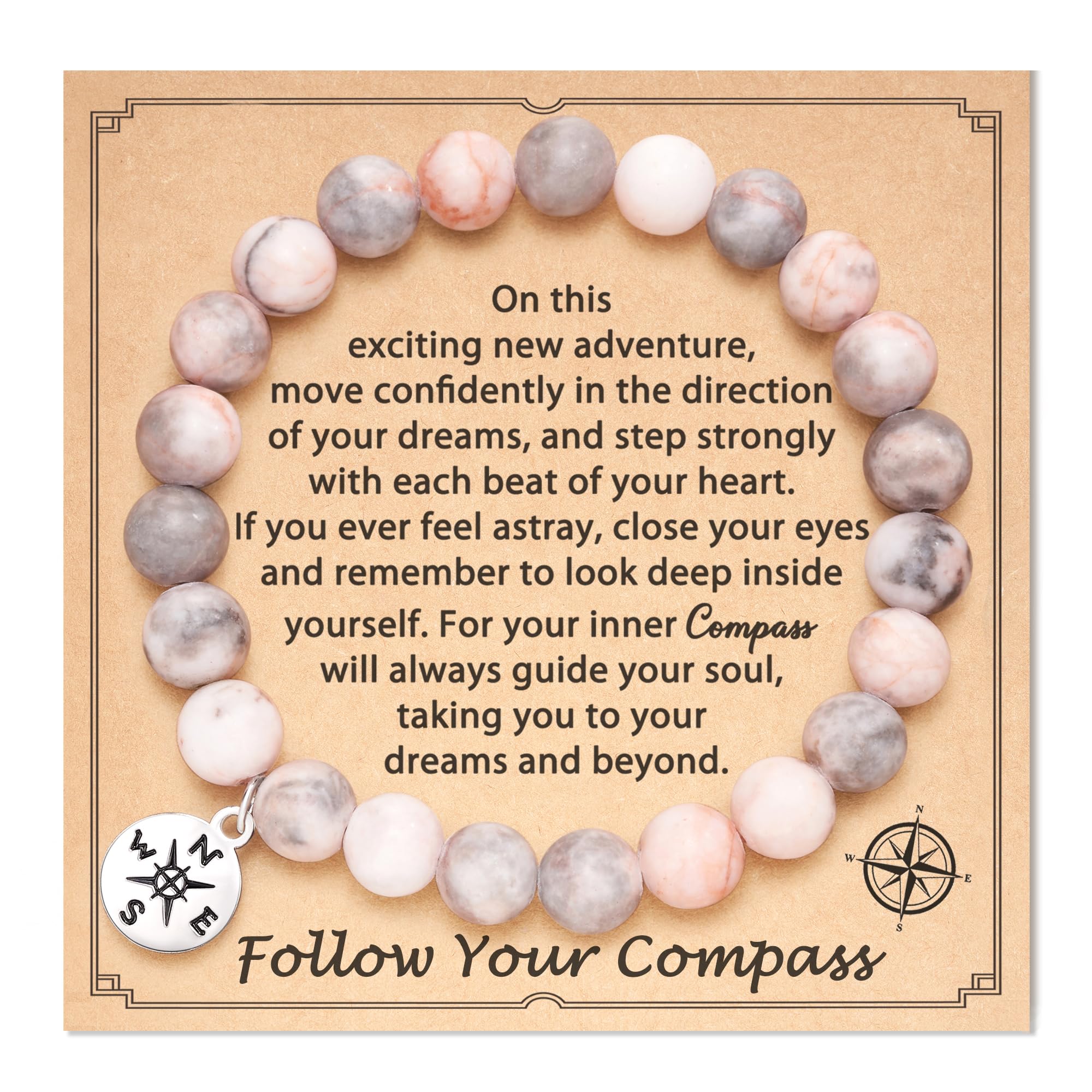 HGDEER Inspirational Gifts, Natural Stone Compass Bracelets Retirement Farewell Goodbye Present for Women Men, 7 Inch, Metal, no gemstone