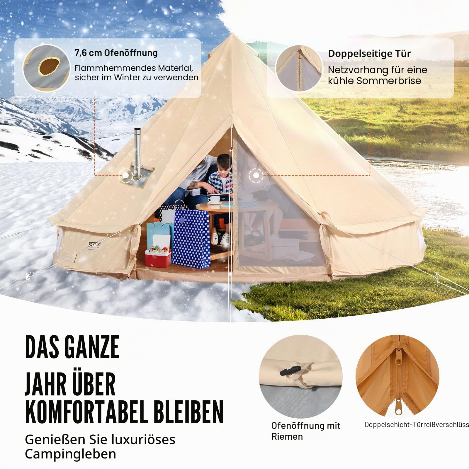 VEVOR Zeltglocke aus Segeltuch, Jurte 4 Jahreszeiten für Camping mit Herdwagenheber, atmungsaktiv hält bis zu 4 Personen, Familiencamping Outdoor Jagd Party