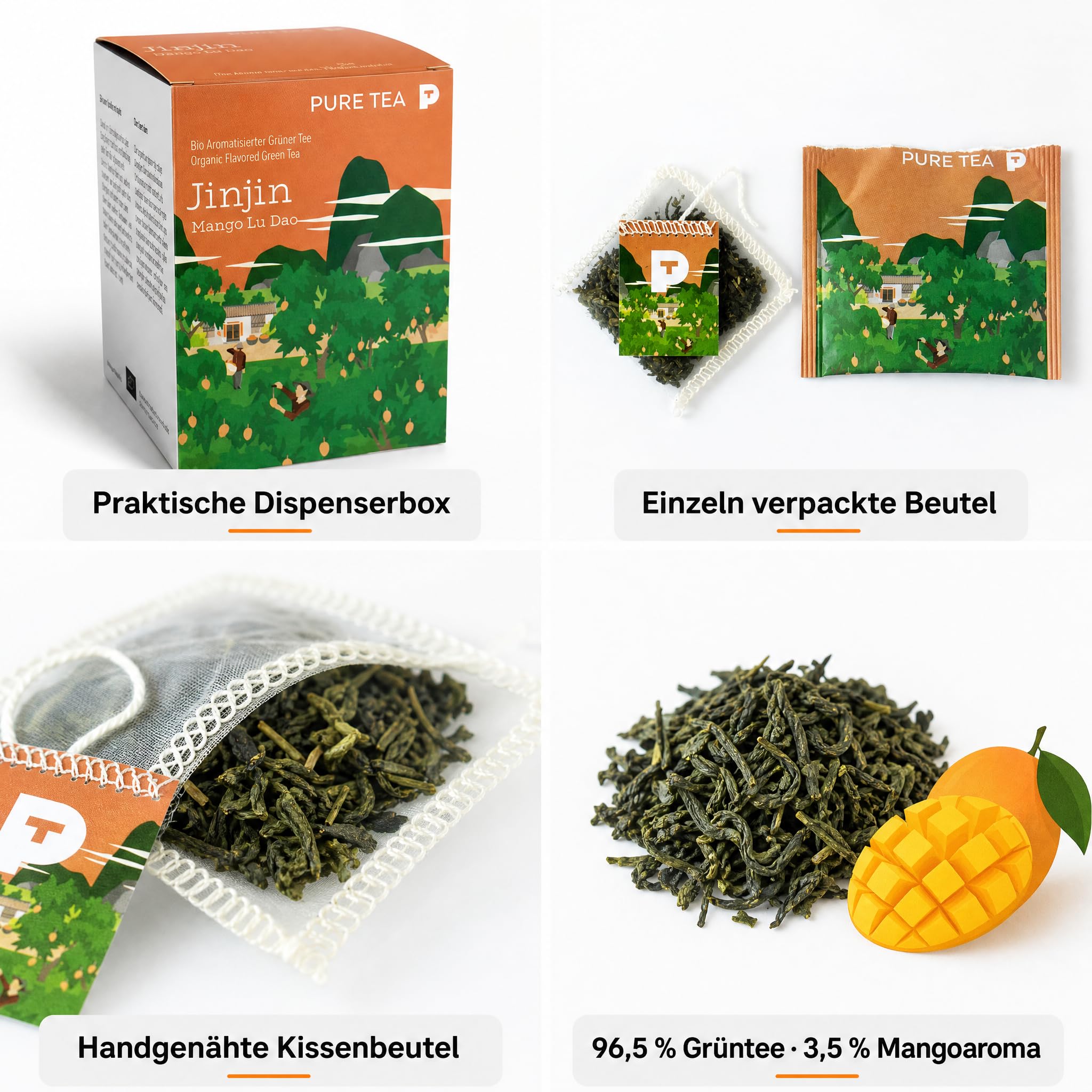 6 x PURE TEA Jinjin Grüner Tee Mango Lu Dao, aromatisierter Premium Grüntee in flachen Kissenbeuteln, je 15 x 3 g, einzeln verpackt, Dispenserbox 12 x 9 x 9 cm, glutenfrei