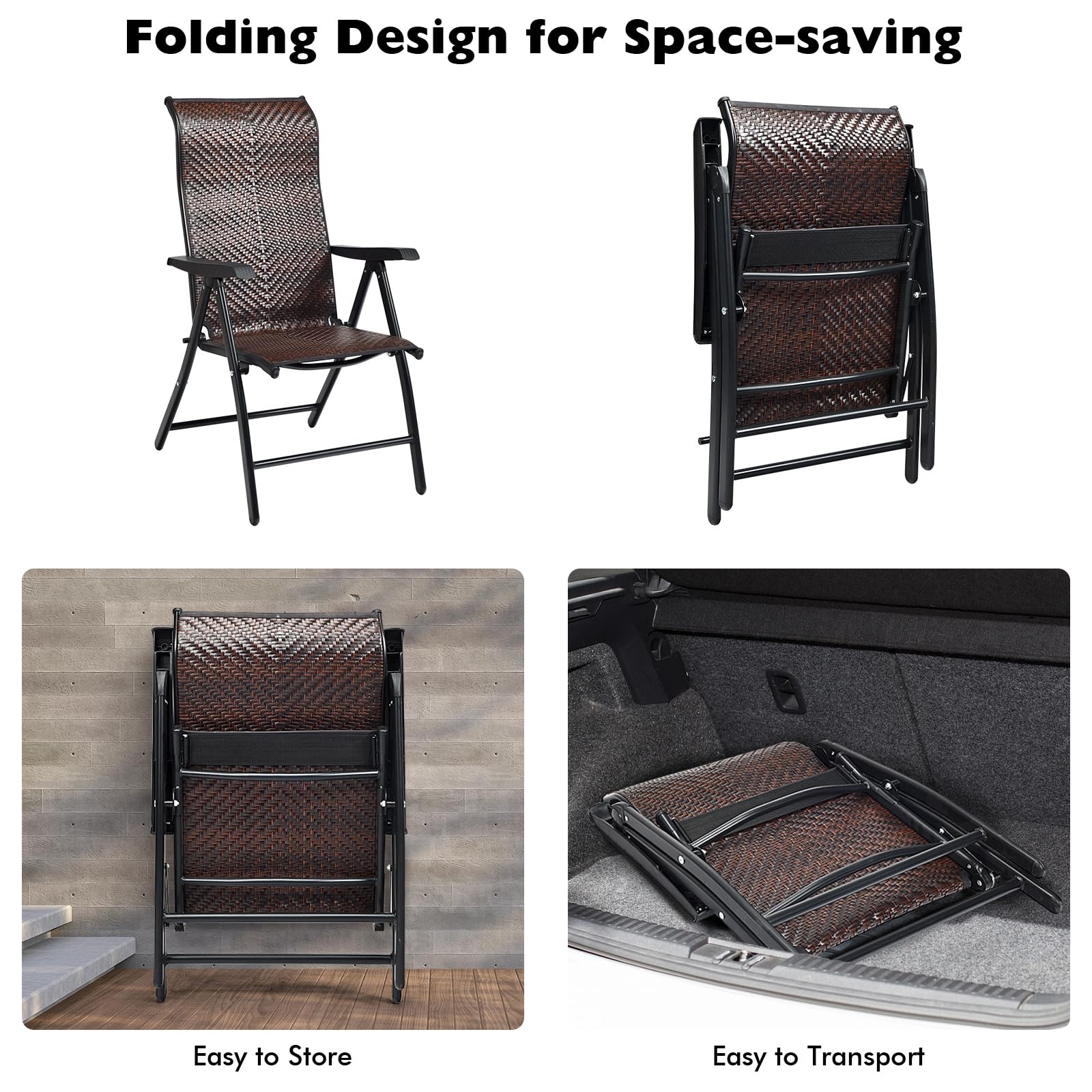 LIFEZEAL Sedia da Giardino in Rattan PE, Sedie Pieghevoli da Interno e Esterno, Poltrona di Vimini con Schienale Reclinabili per Balcone, Sedia a Sdraio con Telaio in Metallo, Portata 120 kg (1)